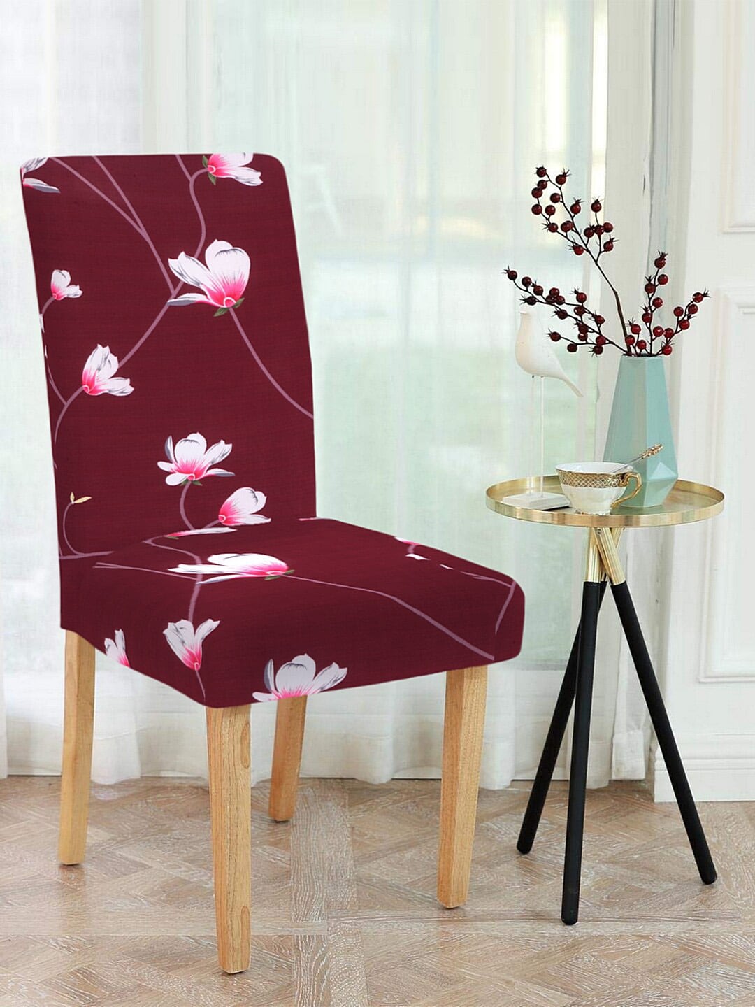 Cortina Maroon & White Floral Printed Chair Cover Price in India