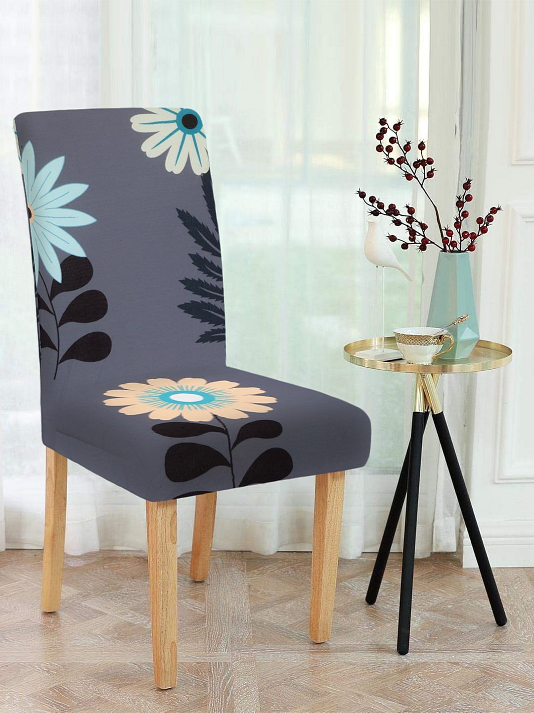 Cortina Set Of 4 Grey & Blue Printed Chair Covers Price in India