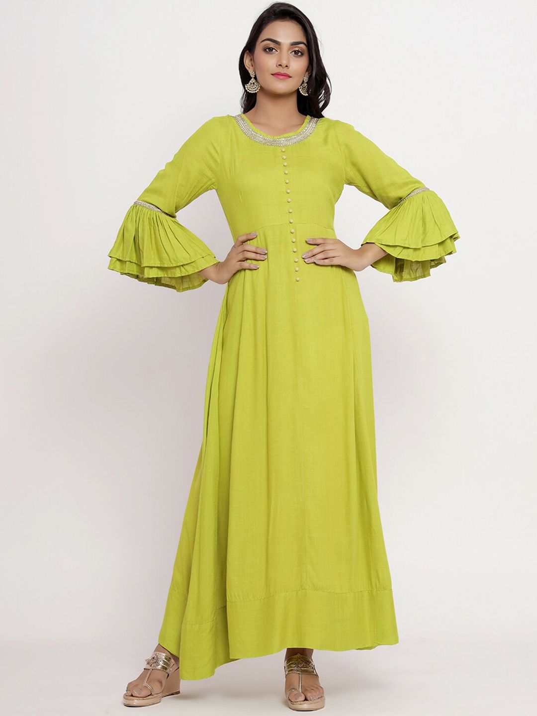 Indi INSIDE Women Lime Green Embroidered Maxi Dress