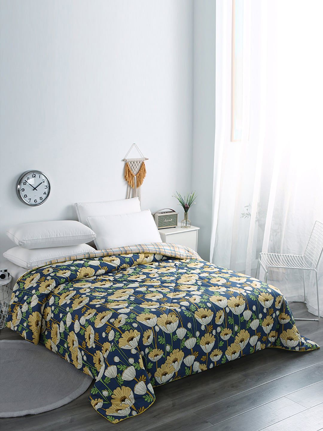 URBAN DREAM Navy Blue & Yellow Floral AC Room 120 GSM Double Bed Comforter Price in India