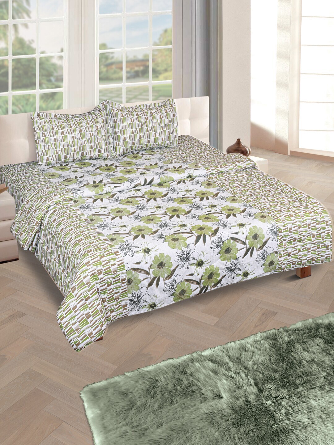 ROMEE Off-White & Green Floral Printed Double King Bedding Set With Reversible Quilt Price in India