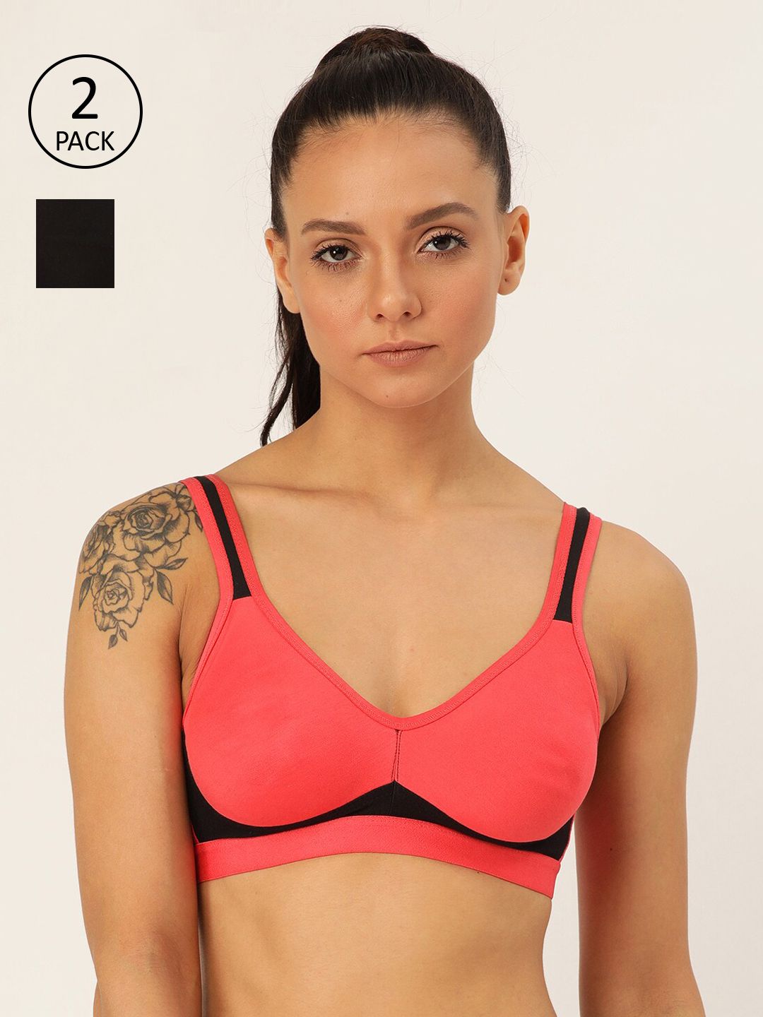 Lady Lyka Pack Of 2 Peach-Coloured & Black Non-Wired Non Padded Workout Bras YOUNGSTER-02 Price in India