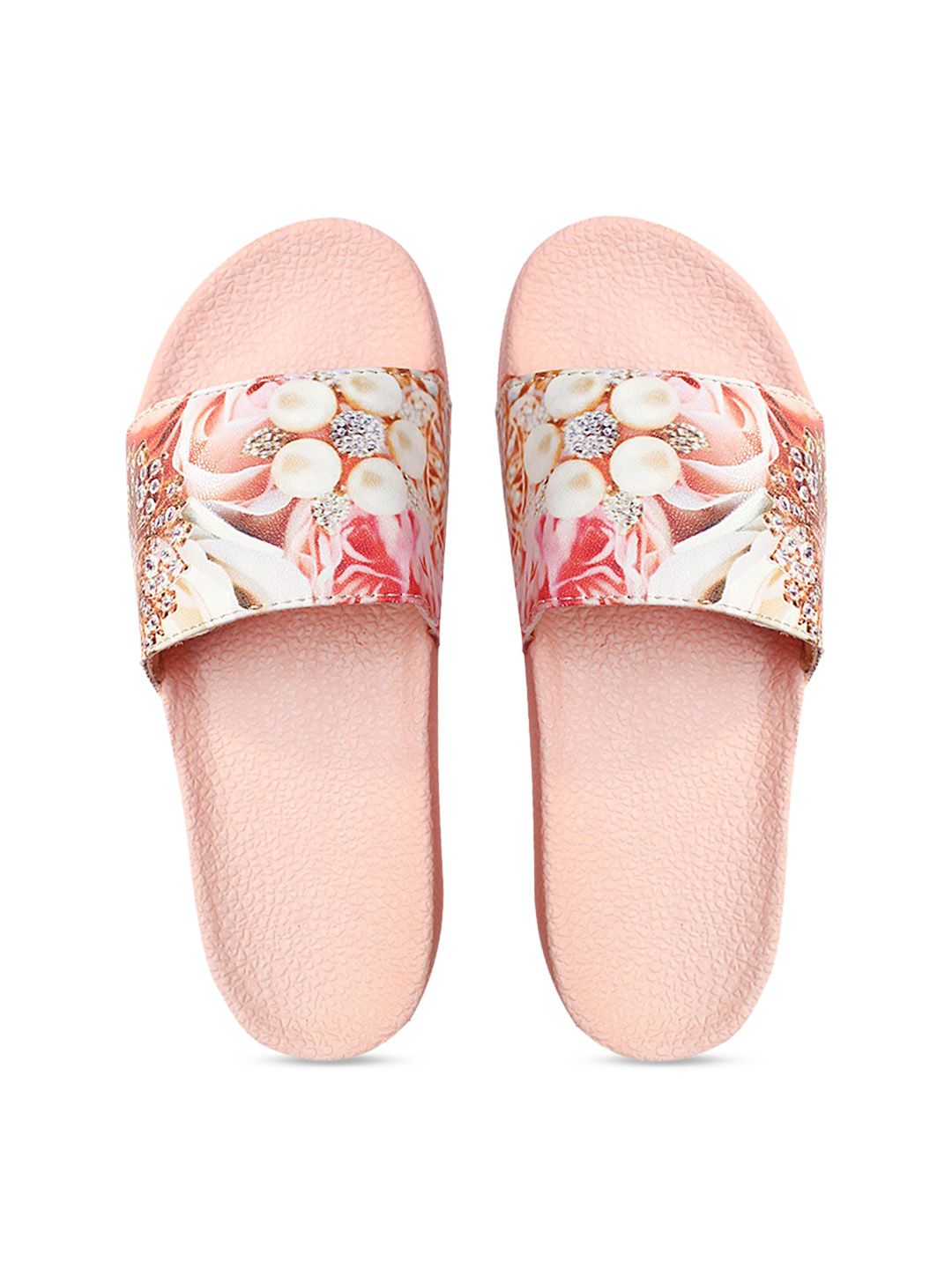 FREECO Women Peach-Coloured & Beige Printed Sliders Price in India