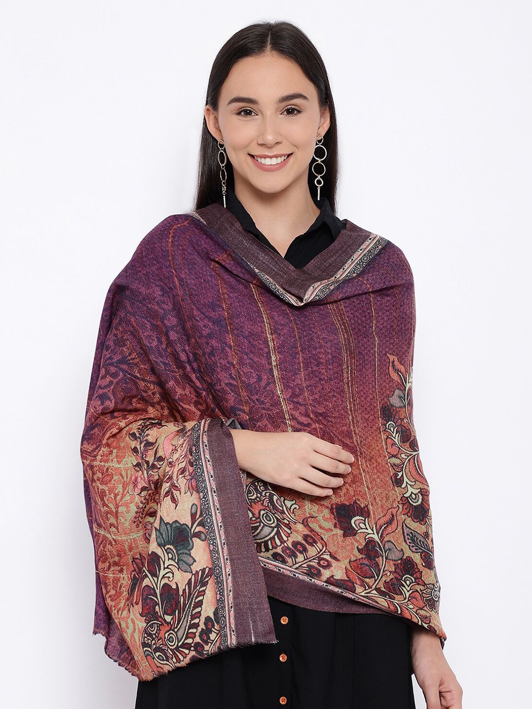 Pashmoda Women Purple & Red Printed Pure Wool Stole Price in India
