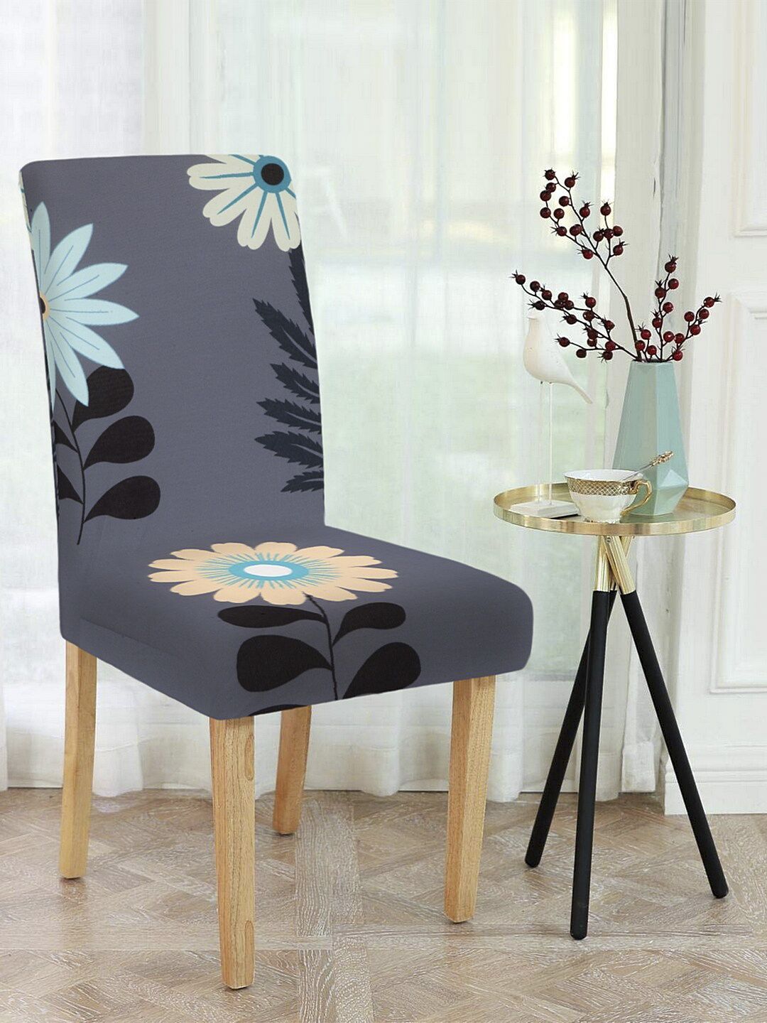 Cortina Set of 6 Grey & Black Floral Printed Chair Covers Price in India