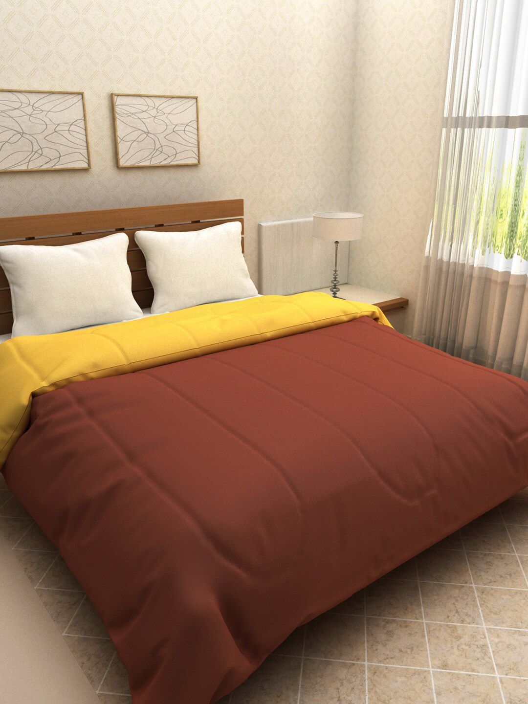 ROMEE Brown & Mustard Yellow Solid AC Room 210 GSM Double Bed Comforter Price in India