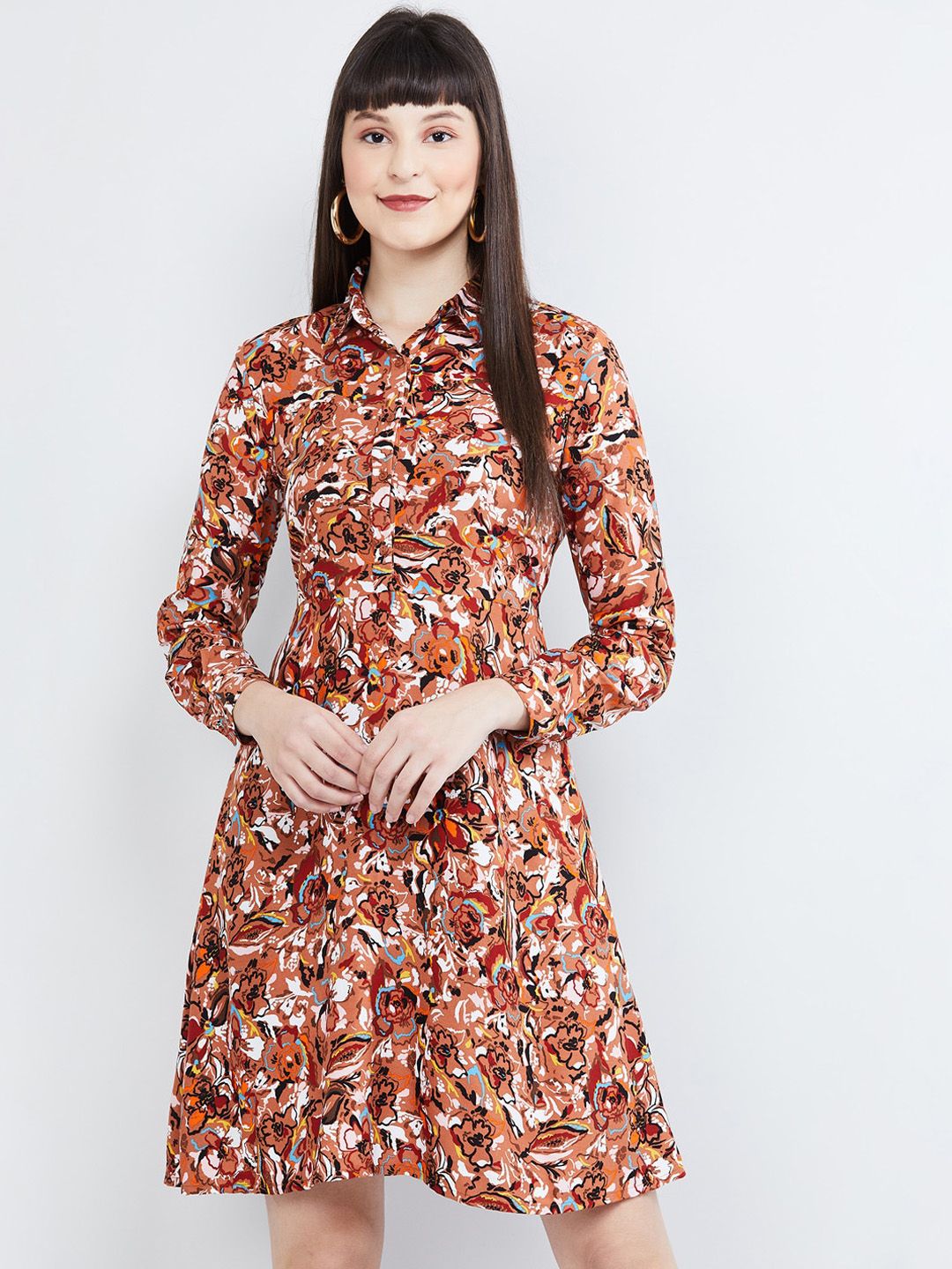 max Women Orange Floral Printed Fit and Flare Dress