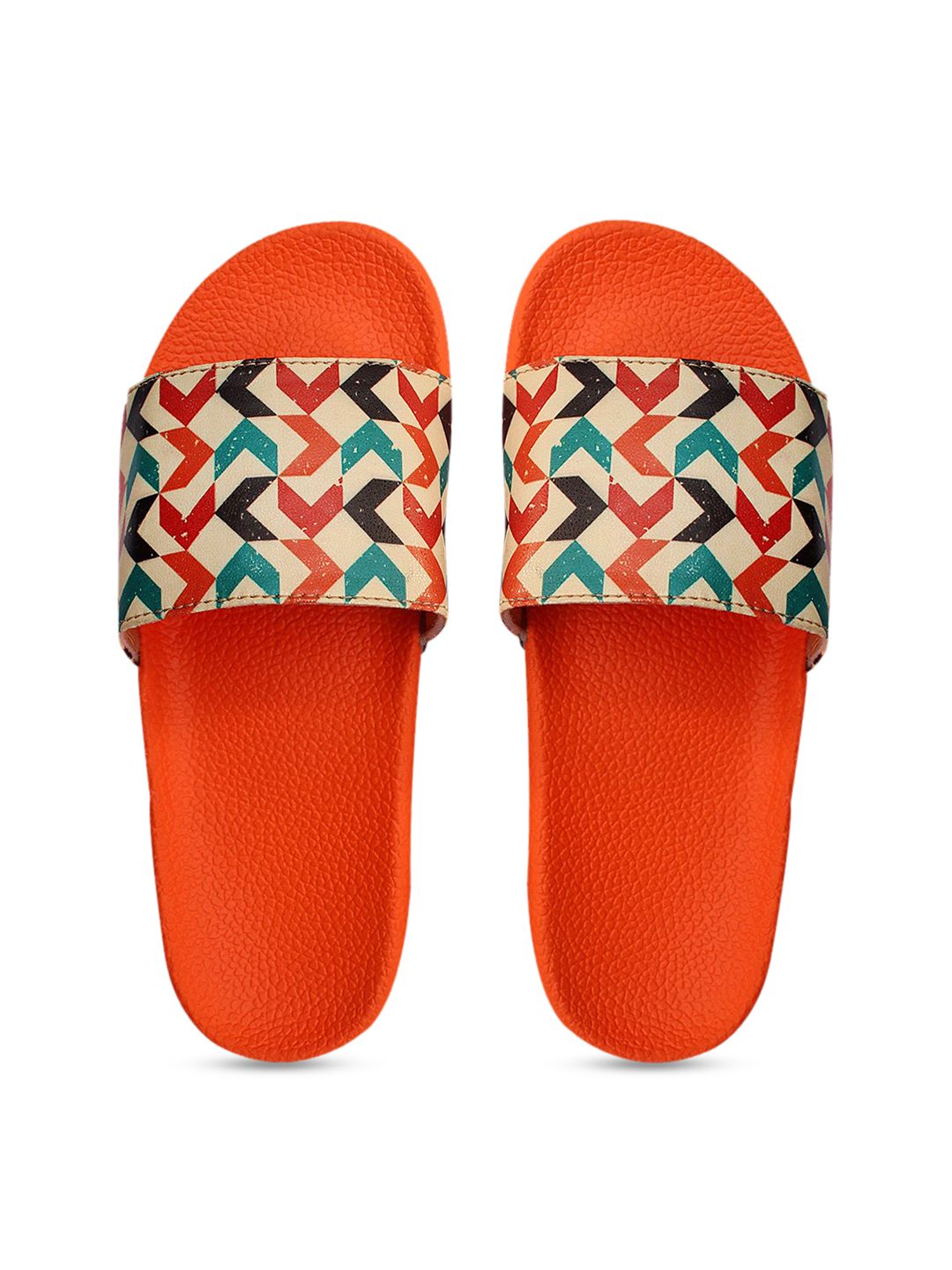 FREECO Women Orange & Blue Printed Sliders Price in India