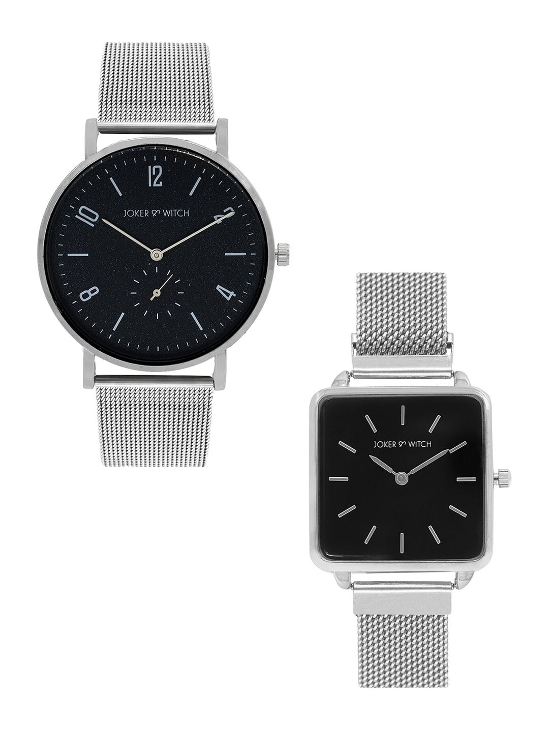 JOKER & WITCH JOKER & WITCH Unisex Set Of 2 Black & Silver-Toned Annie & Alvy Couple Watches JWCW30