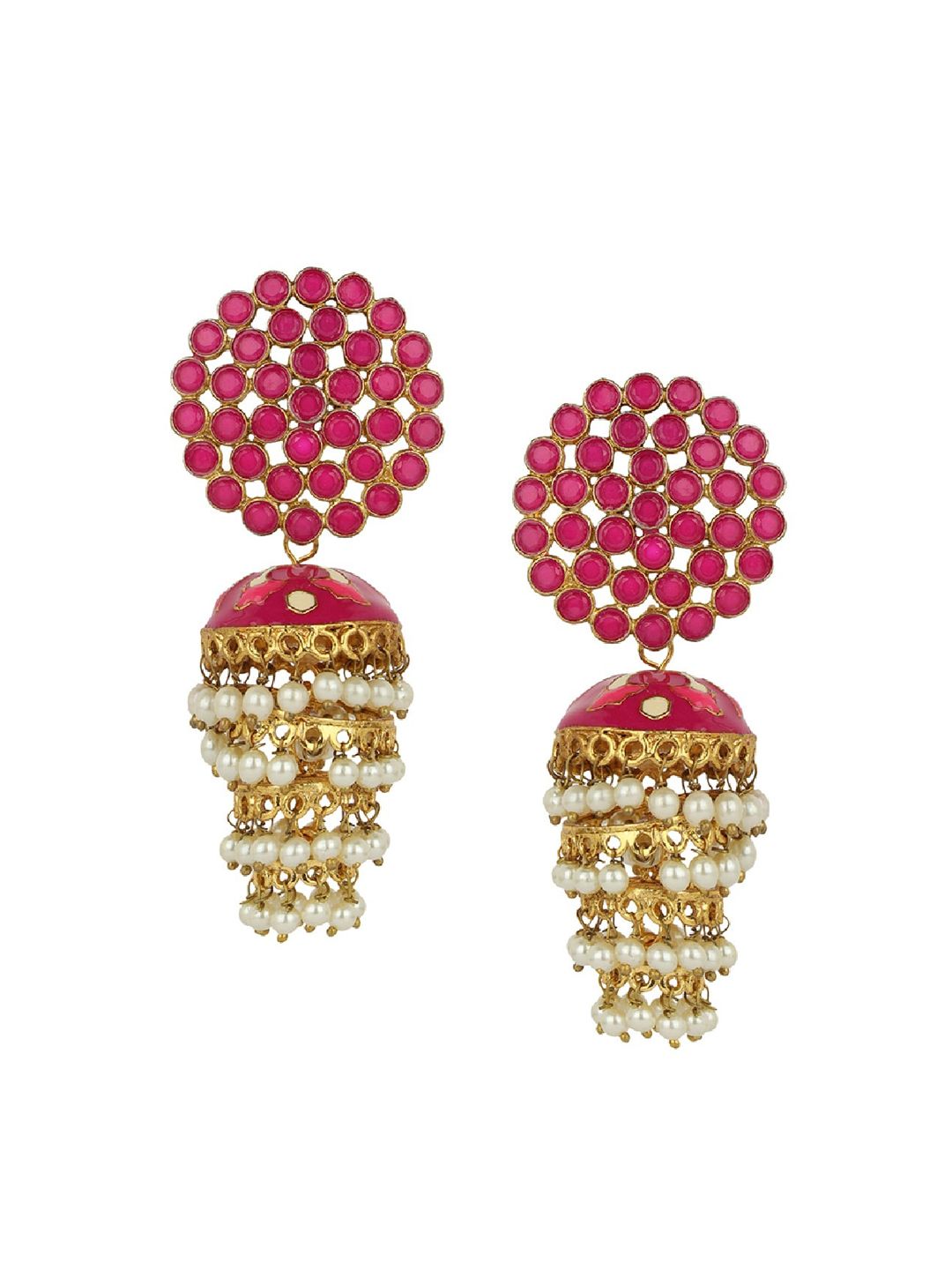 ANIKAS CREATION Magenta & Gold-Plated Dome Shaped Jhumkas Price in India