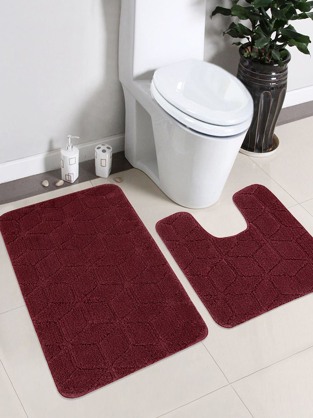 Saral Home Set Of 2 Maroon Solid Anti-Slip Bathmat With Contour Price in India
