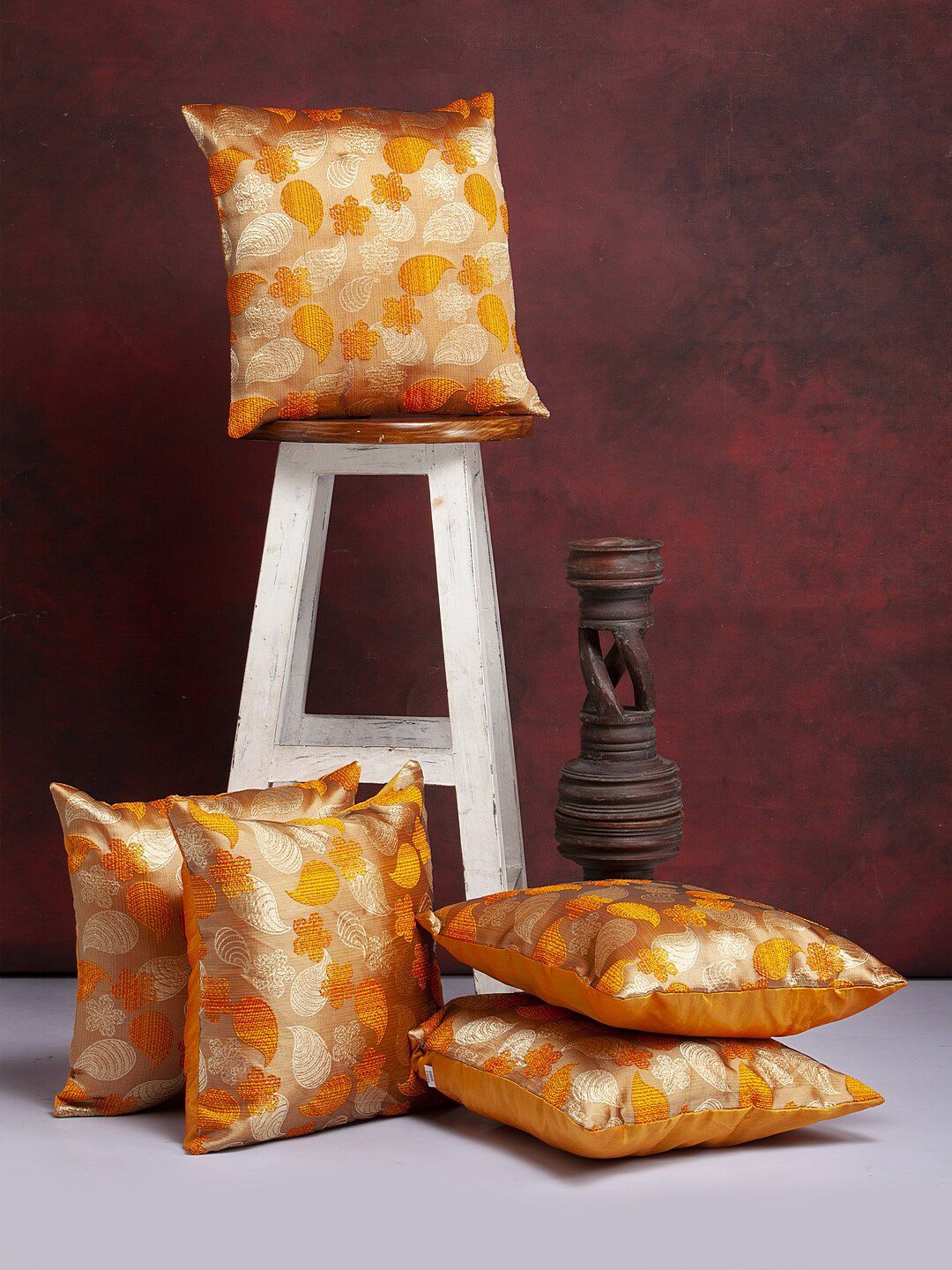 Alina decor Yellow & Gold Set of 5 Self Design Square Cushion Covers Price in India
