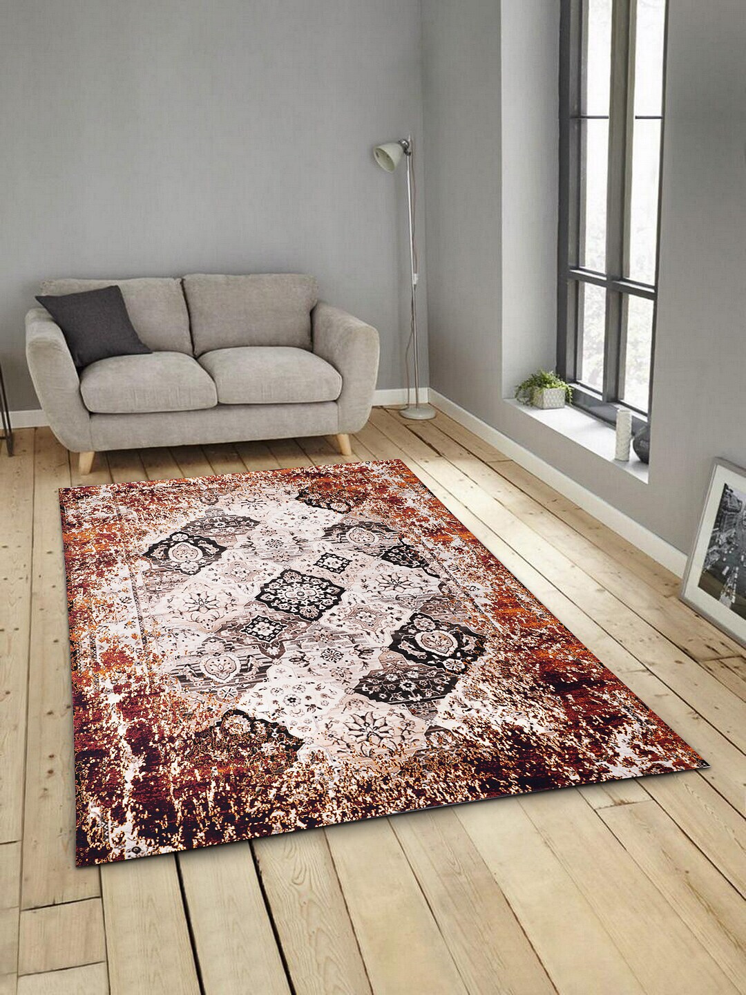 ROMEE Beige & Brown Ethnic Motifs Anti-Skid Carpet Price in India