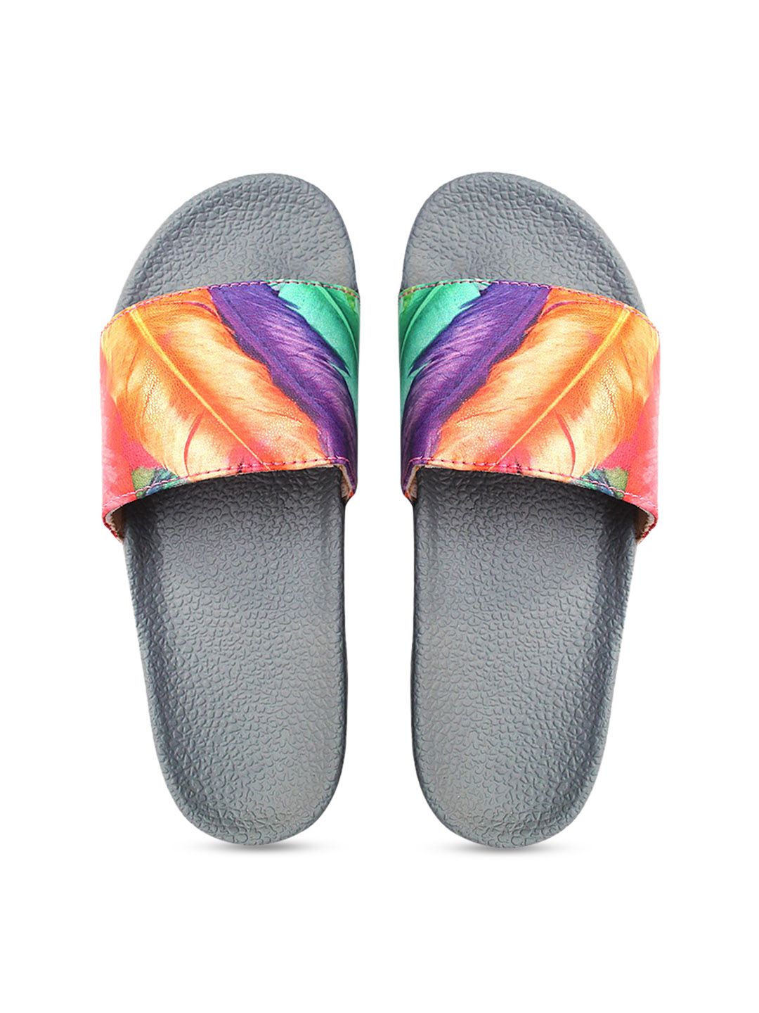 FREECO Women Grey & Orange Printed Sliders Price in India