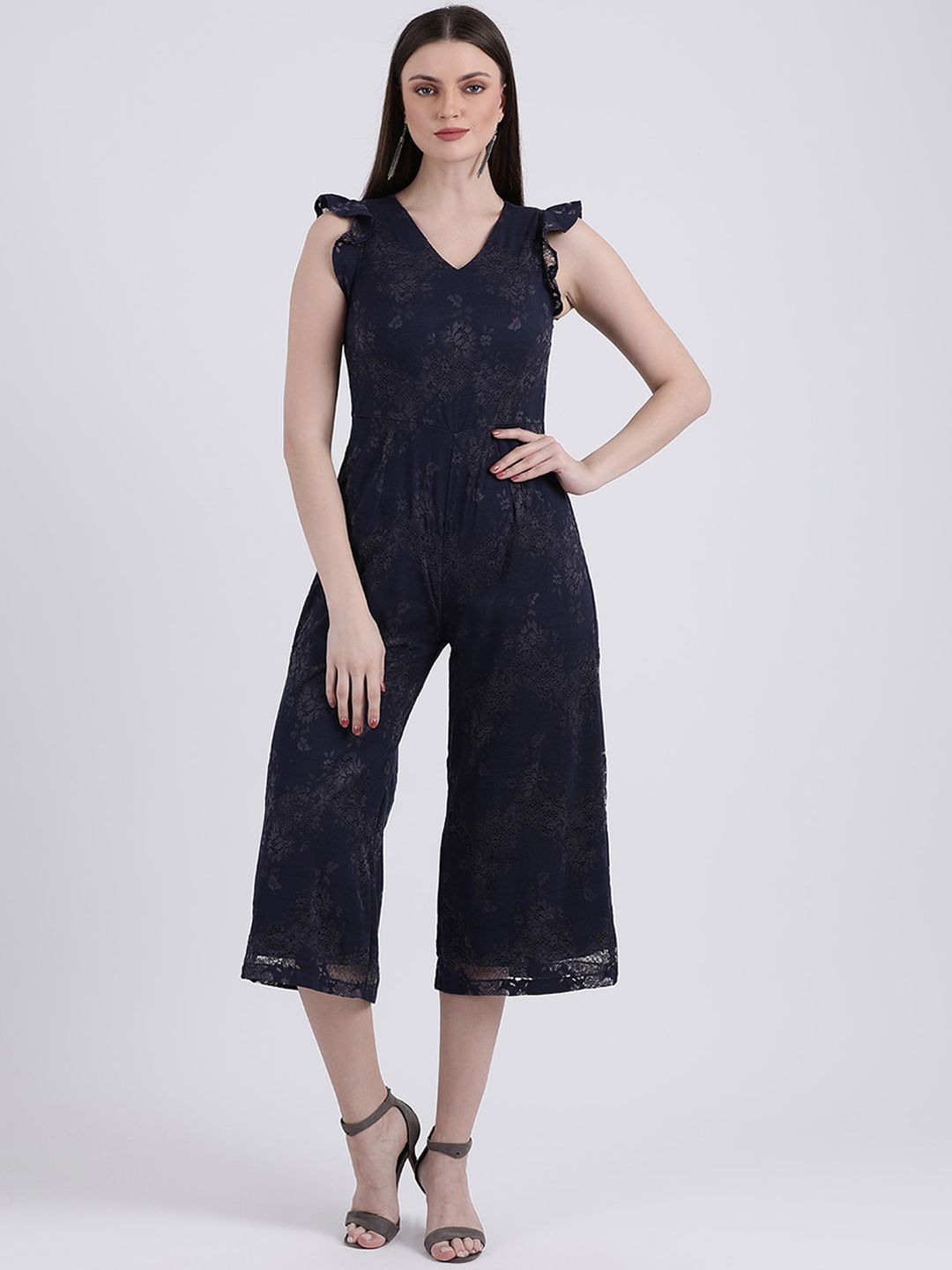 Zink London Women Blue Self Design Culotte Jumpsuit Price in India