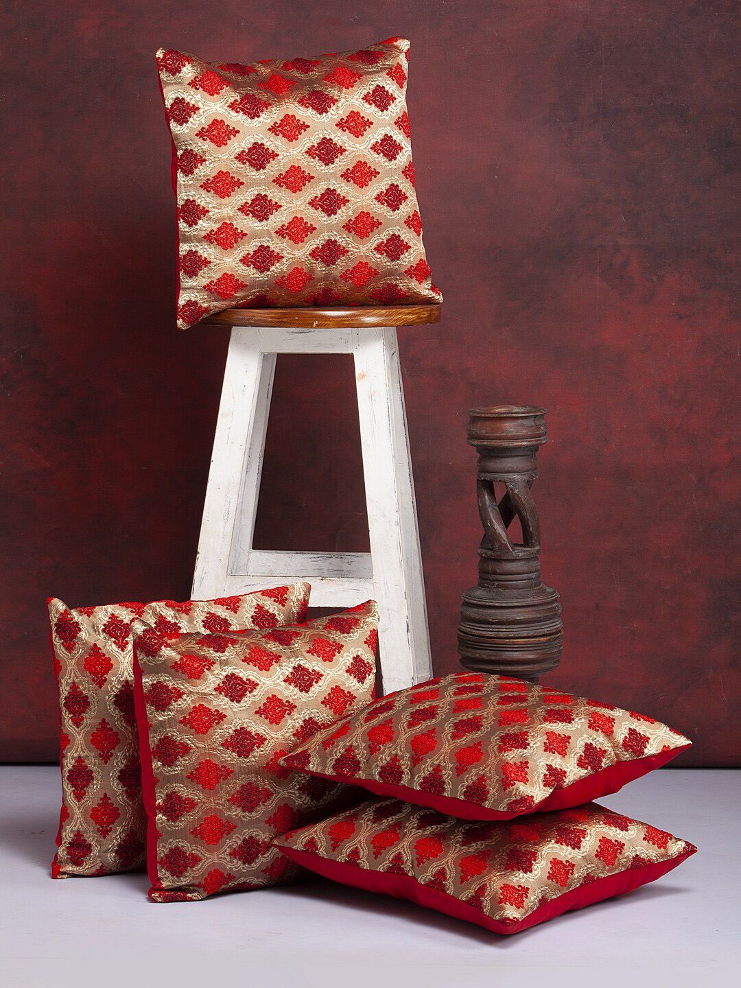 Alina decor Red & Gold Set of 5 Self Design Square Cushion Covers Price in India