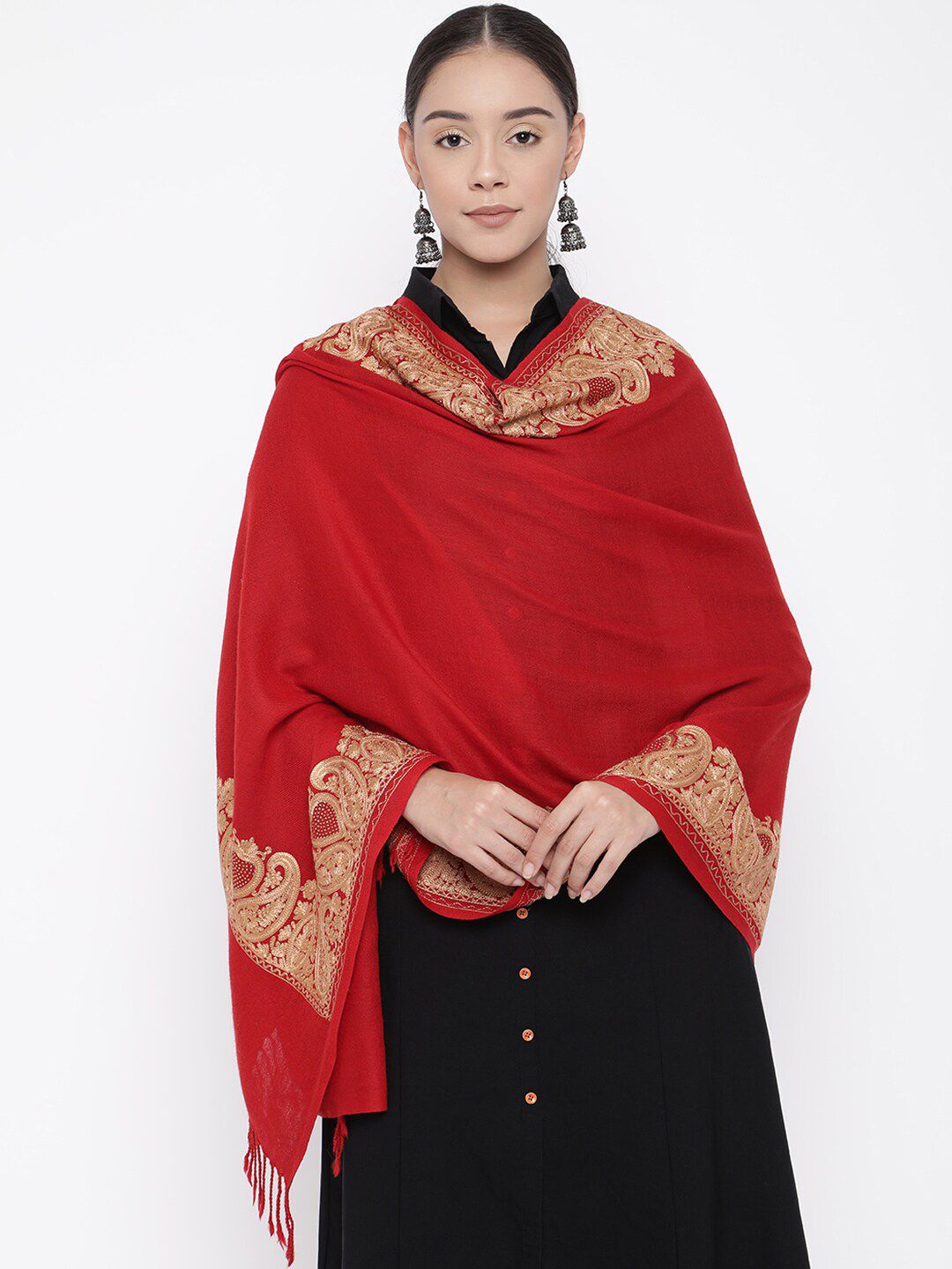 Pashmoda Women Red Kashmiri Aari Embroidered Pure Wool Stole Price in India