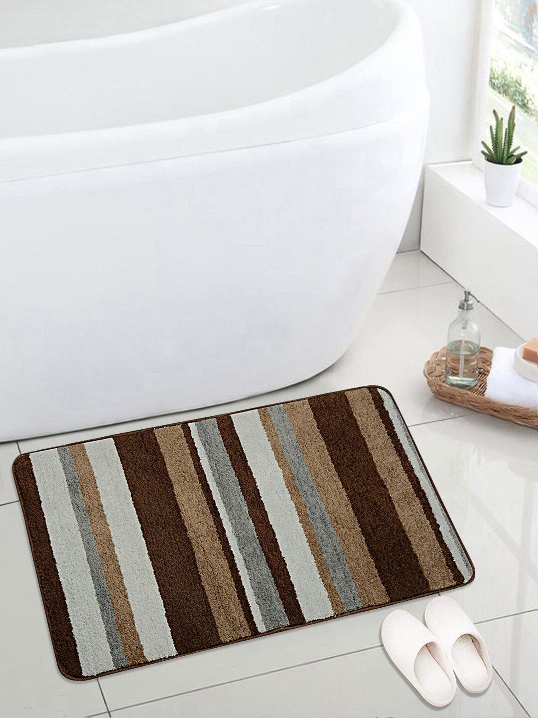 Saral Home Set of 2 Brown & Grey Striped Microfibre Anti-Skid Bath Rugs Price in India