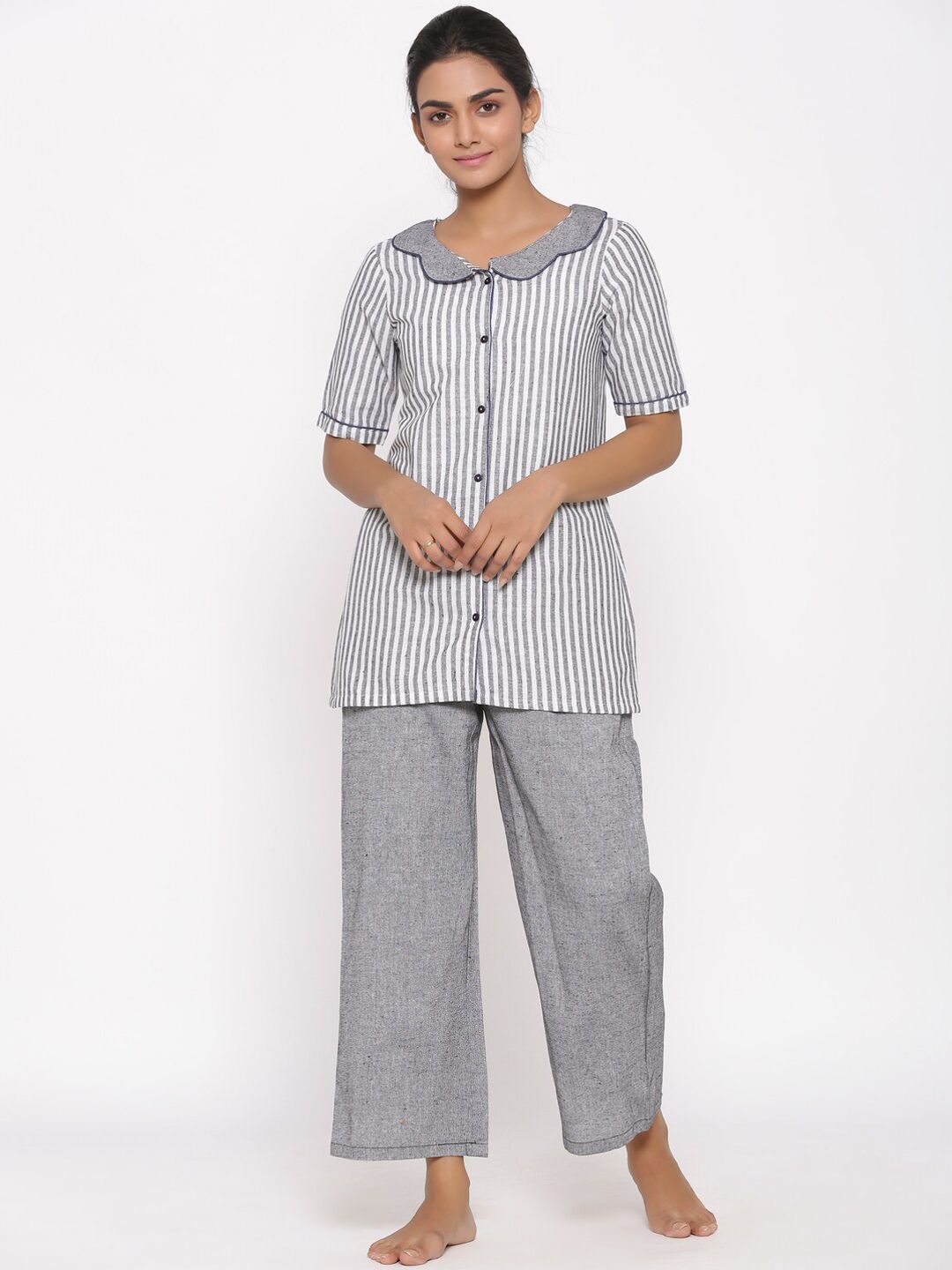 Fabriko Women Grey & White Striped Night Suit Price in India