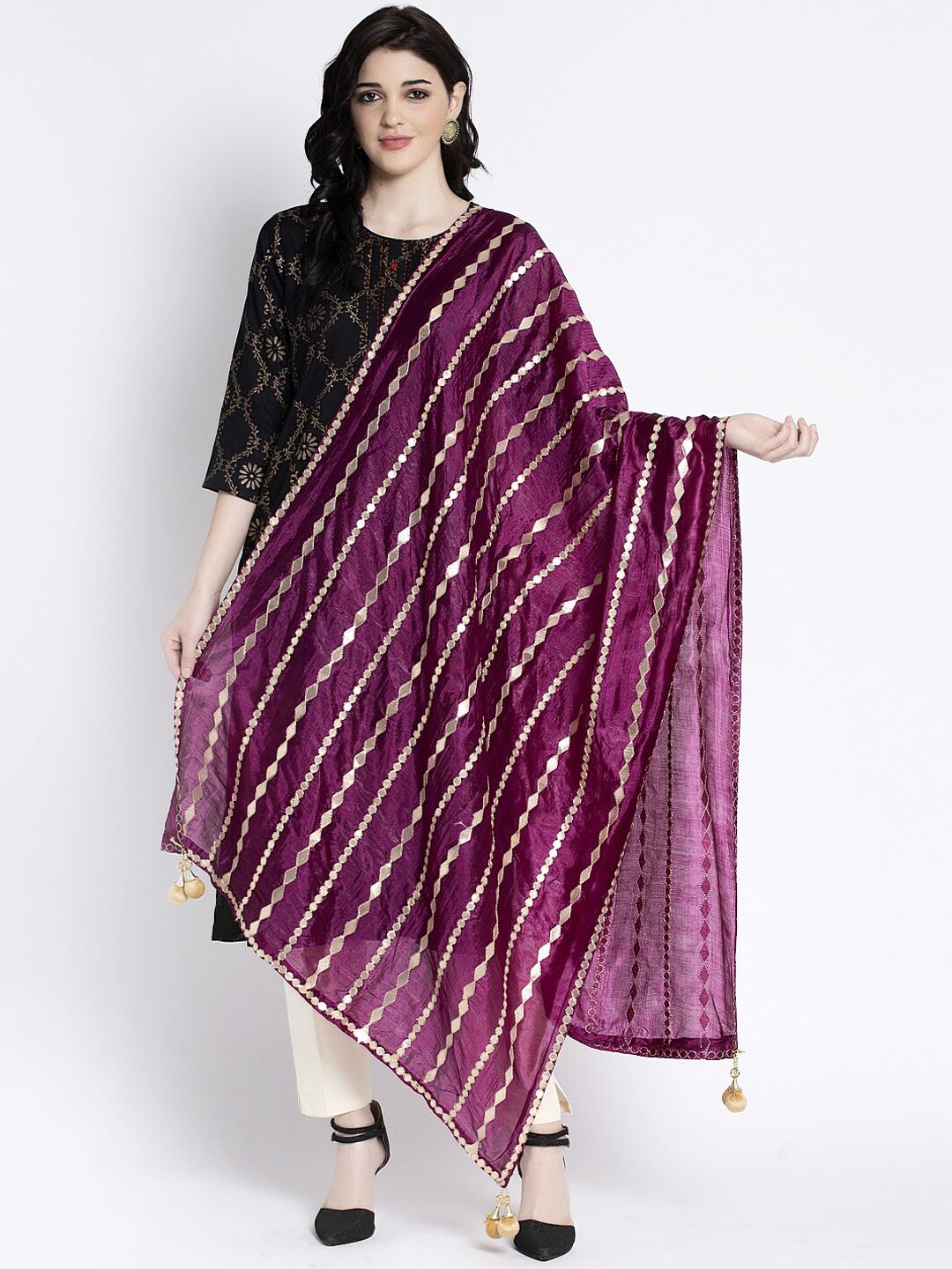 Clora Creation Women Burgundy & Gold-Coloured Striped Dupatta Price in India