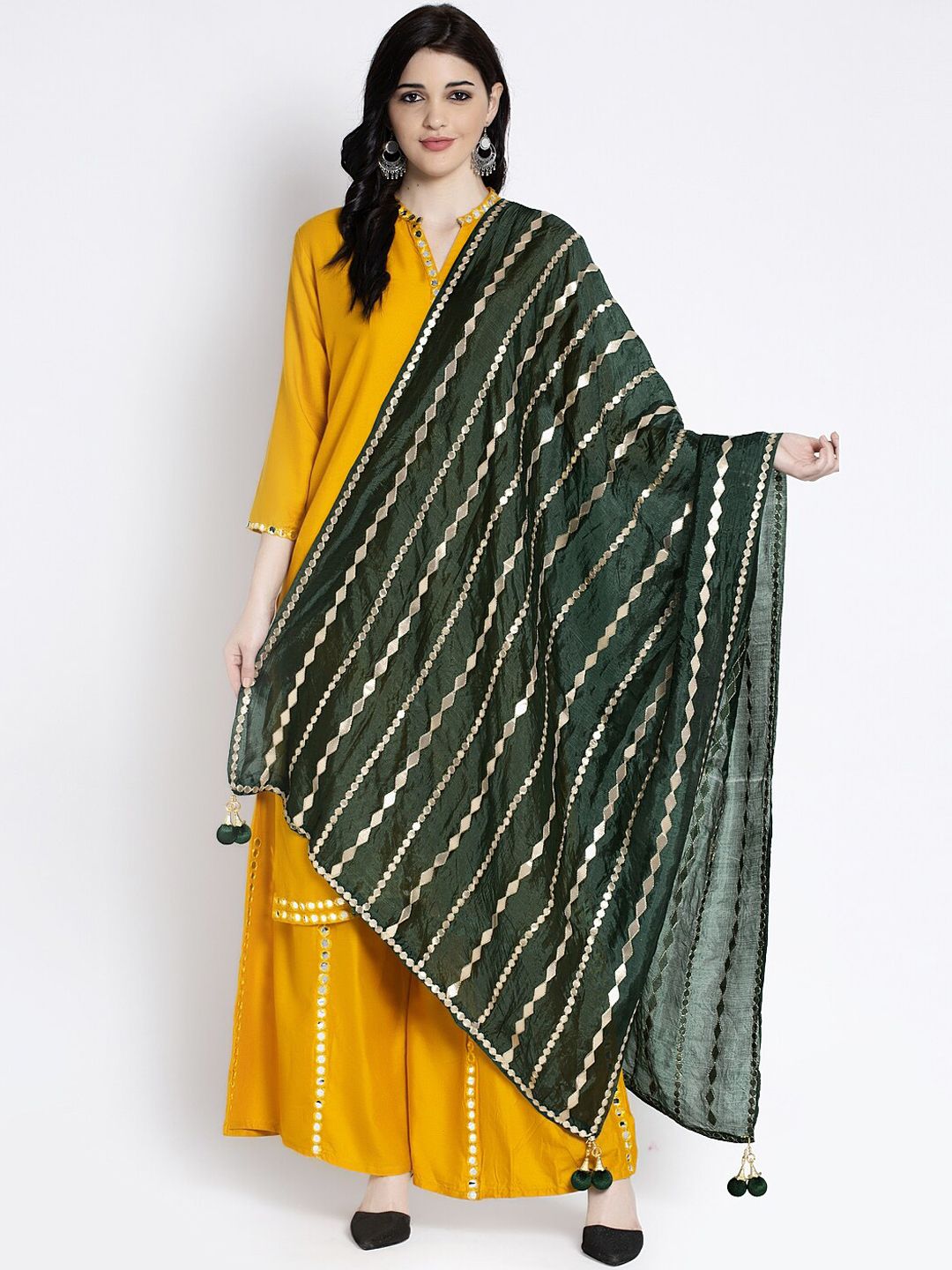 Clora Creation Women Green & Gold-Coloured Striped Gotta Patti Dupatta Price in India