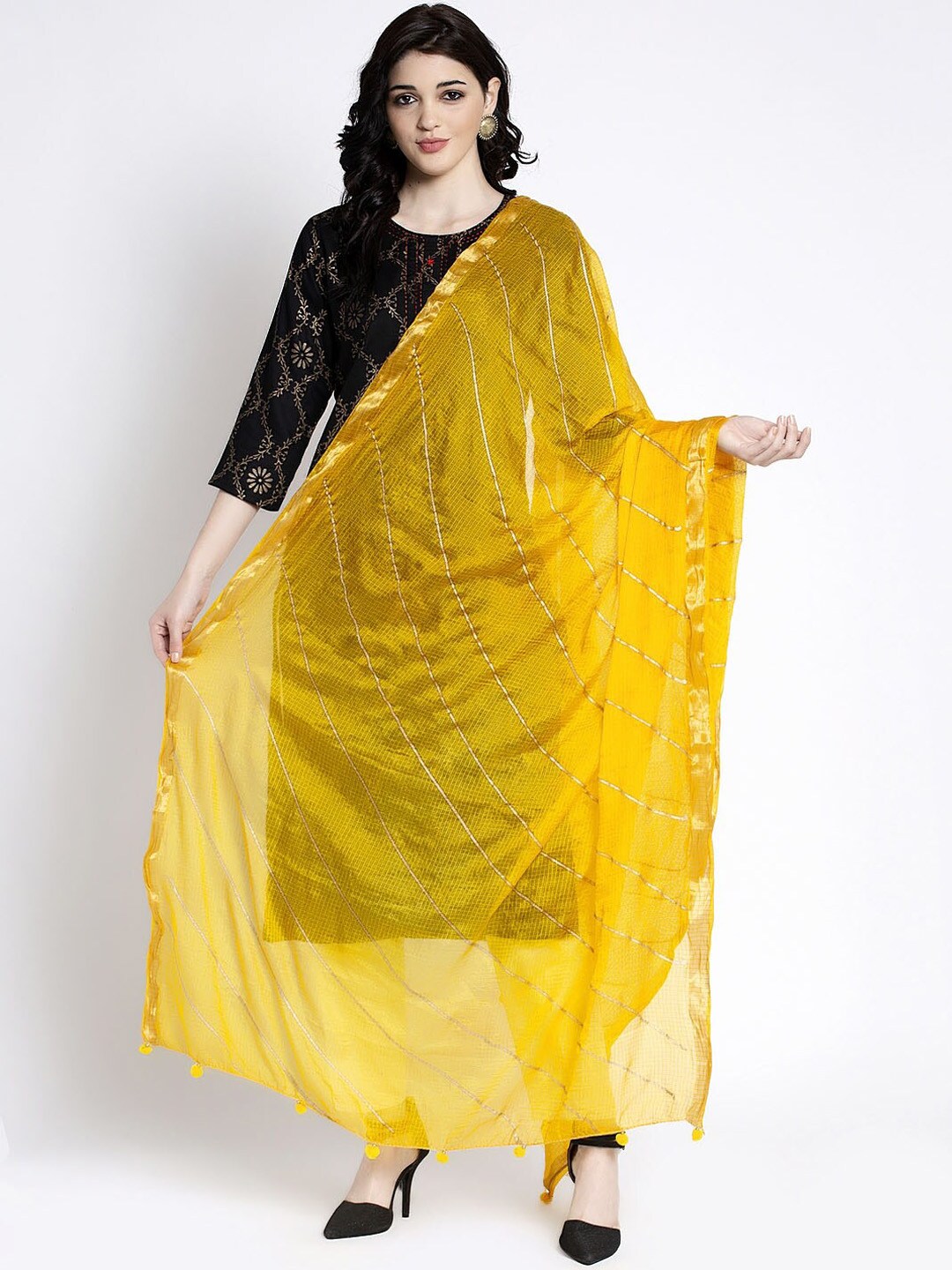 Clora Creation Women Yellow & Gold-Coloured Striped Dupatta Price in India