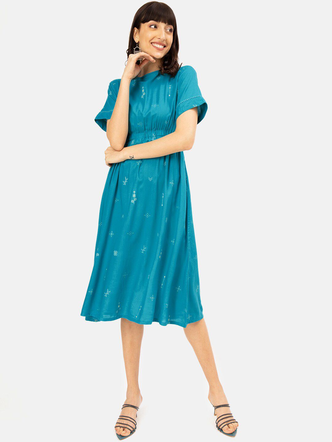 Saaki Women Teal Printed Empire Dress Price in India