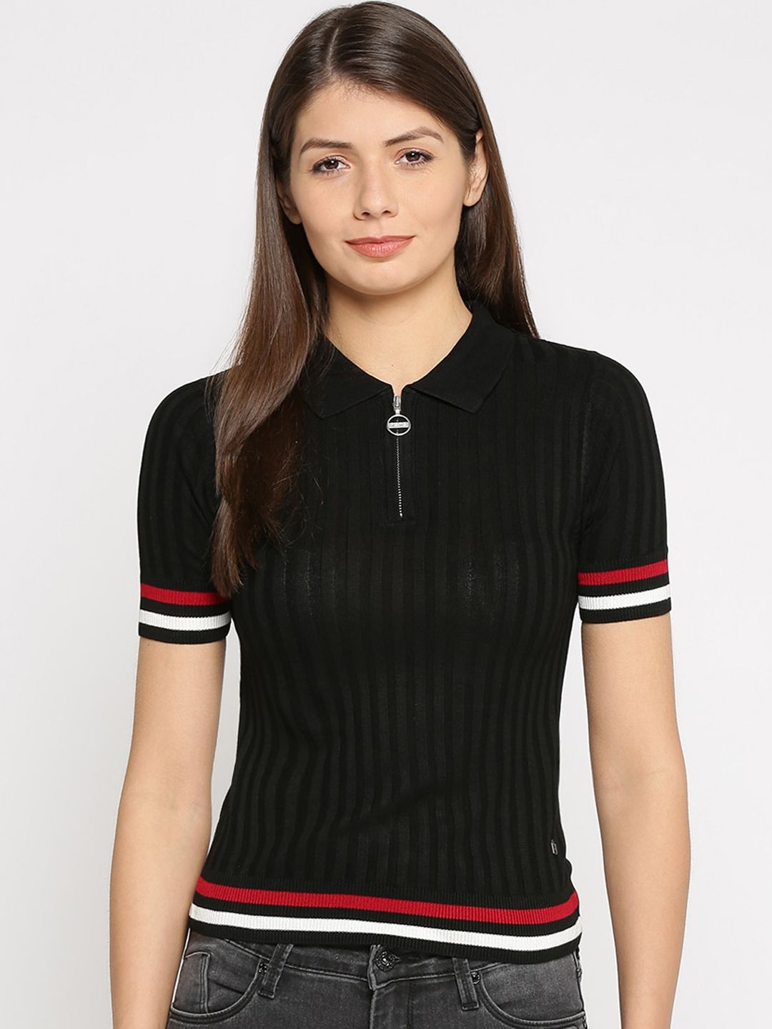 Pepe Jeans Women Black Striped Pullover Sweater Price in India