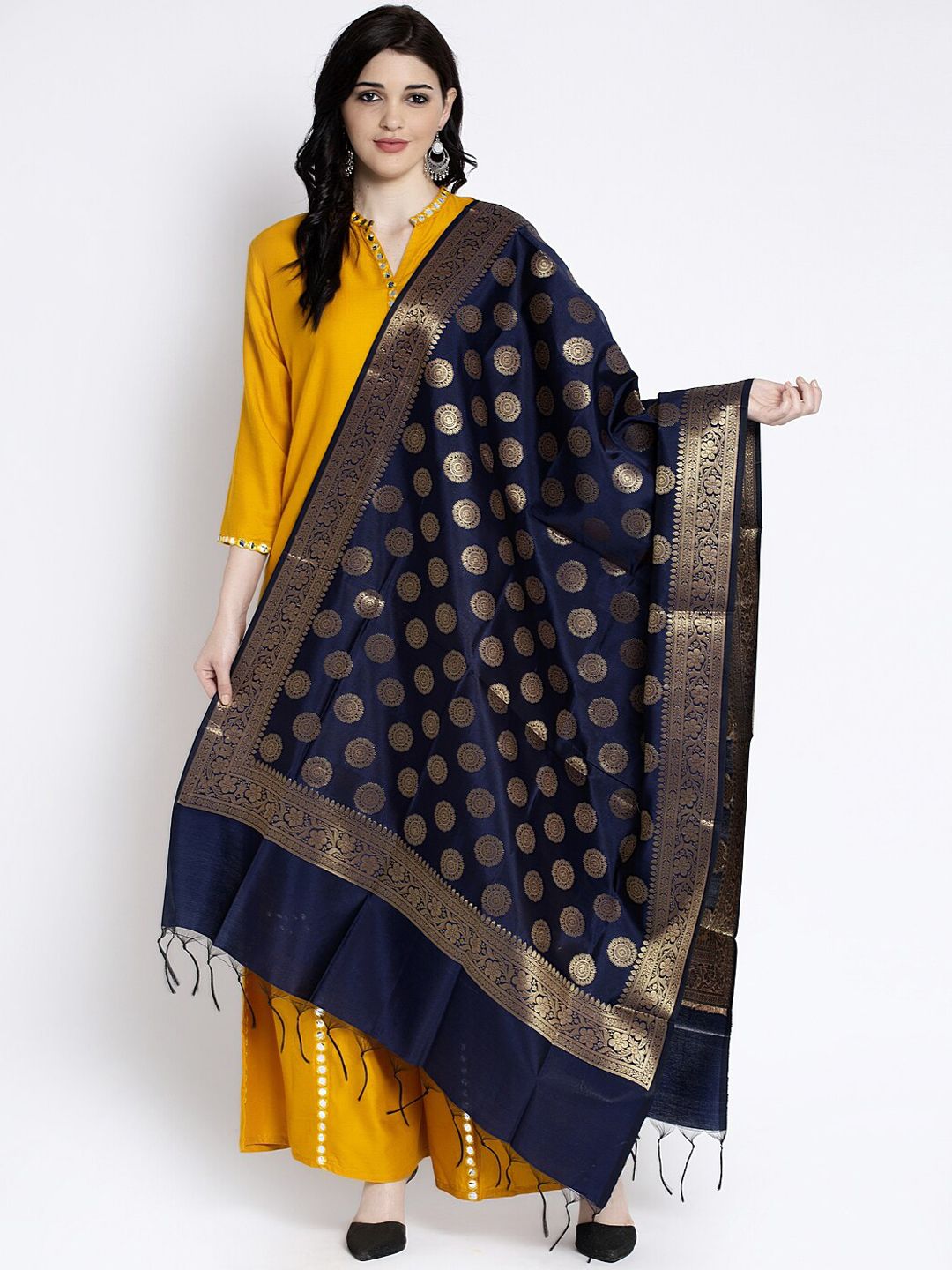 Clora Creation Navy Blue Woven Design Banarsi Silk Dupatta Price in India