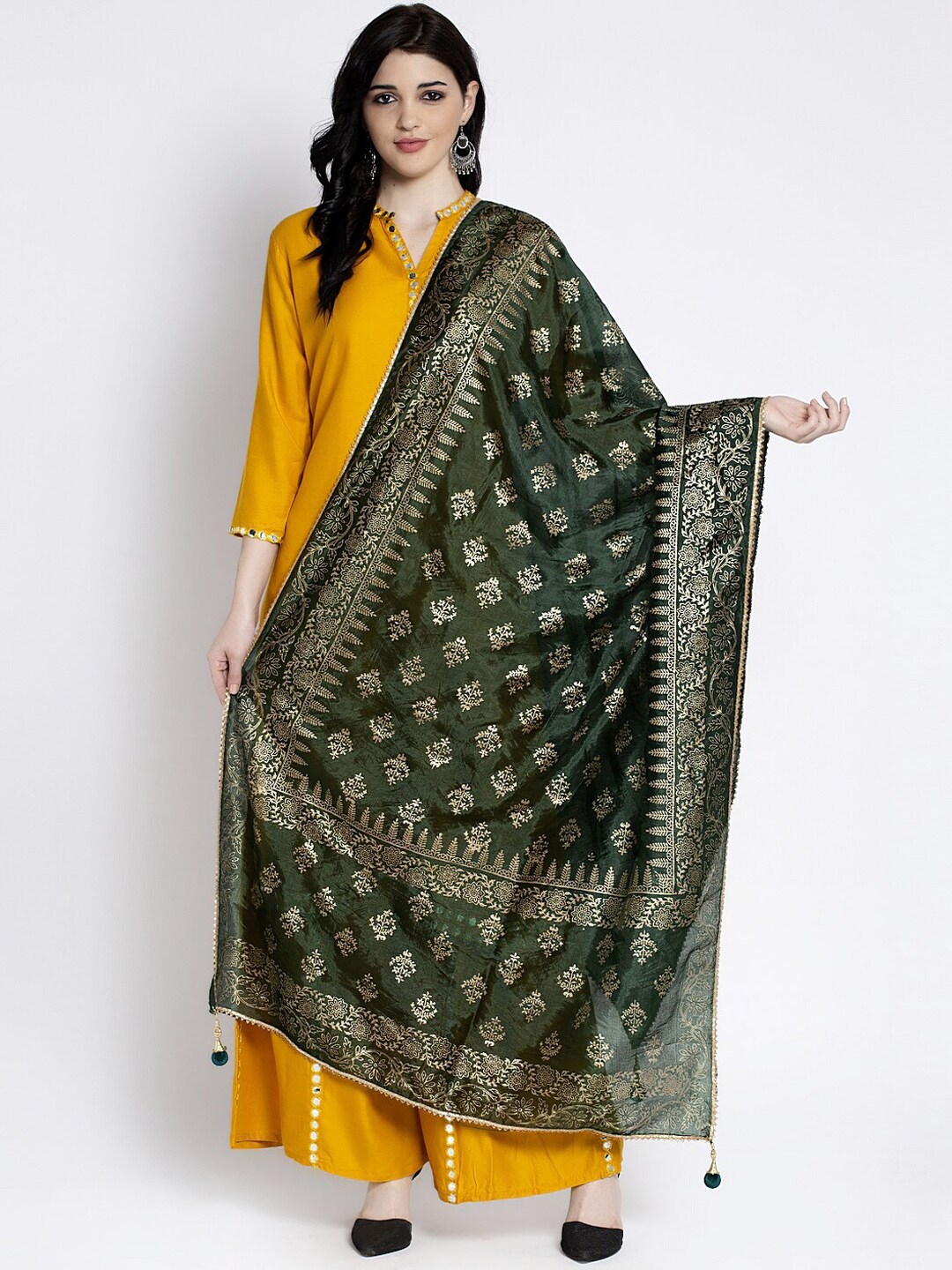 Clora Creation Green & Gold-Colored Printed Silk Dupatta Price in India