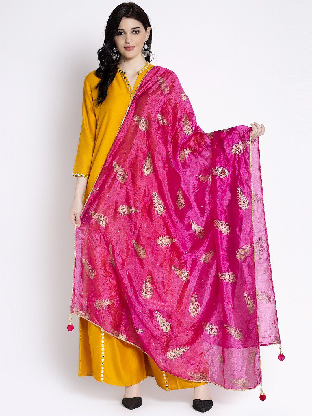 Clora Creation Women Magenta-Pink & Gold-Coloured Printed Dupatta Price in India