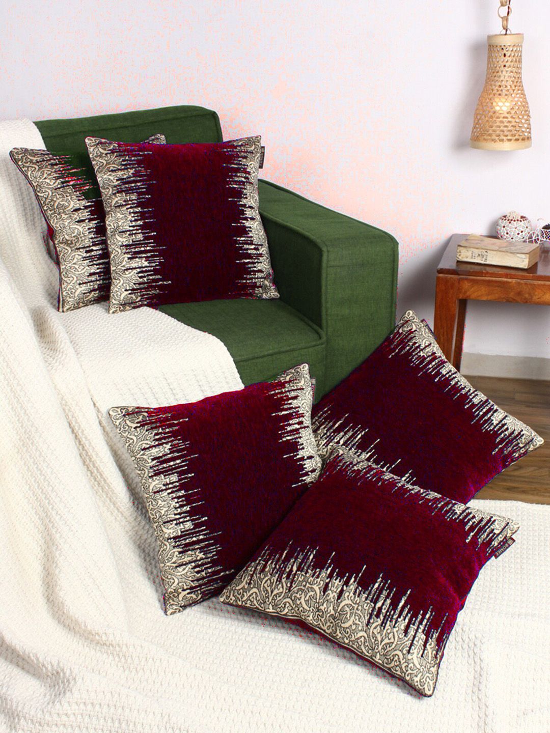 ROMEE Set of 5 Maroon & Beige Ethnic Motifs Soft Chenille Textured Velvet Cushion Covers Price in India