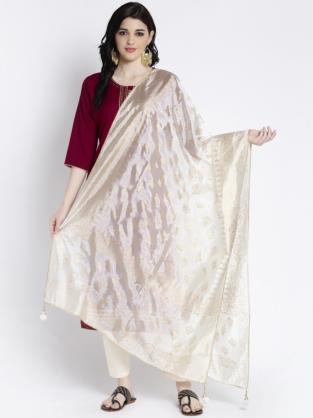 Clora Creation Women Off-White & Gold-Toned Printed Dupatta Price in India