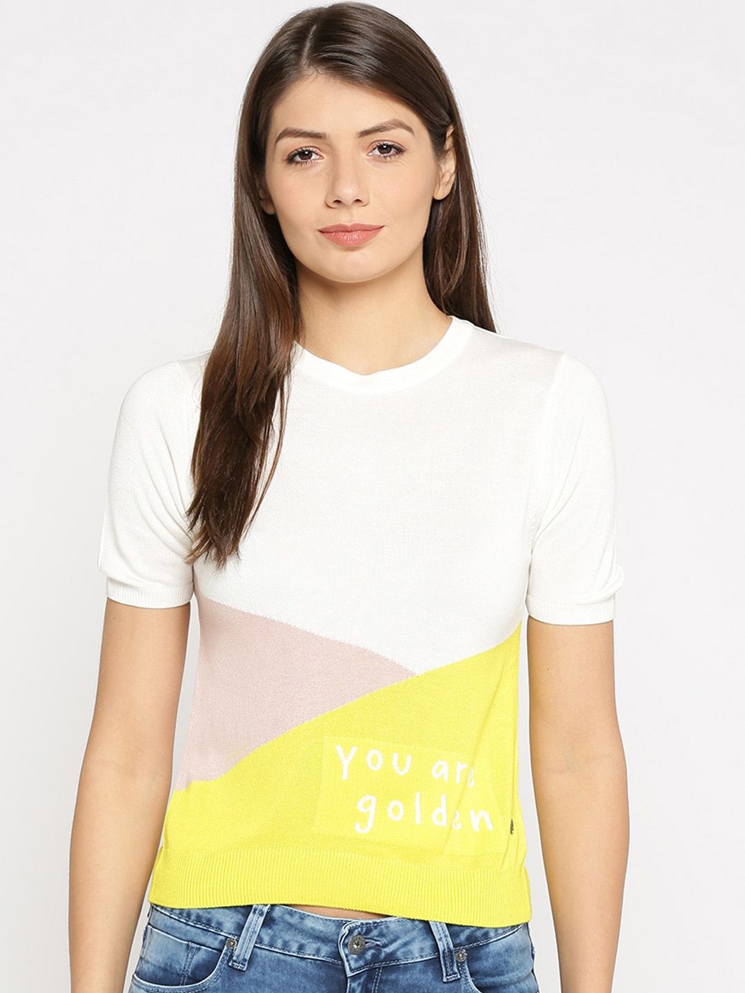 Pepe Jeans Women White & Yellow Colourblocked Pullover Sweater Price in India