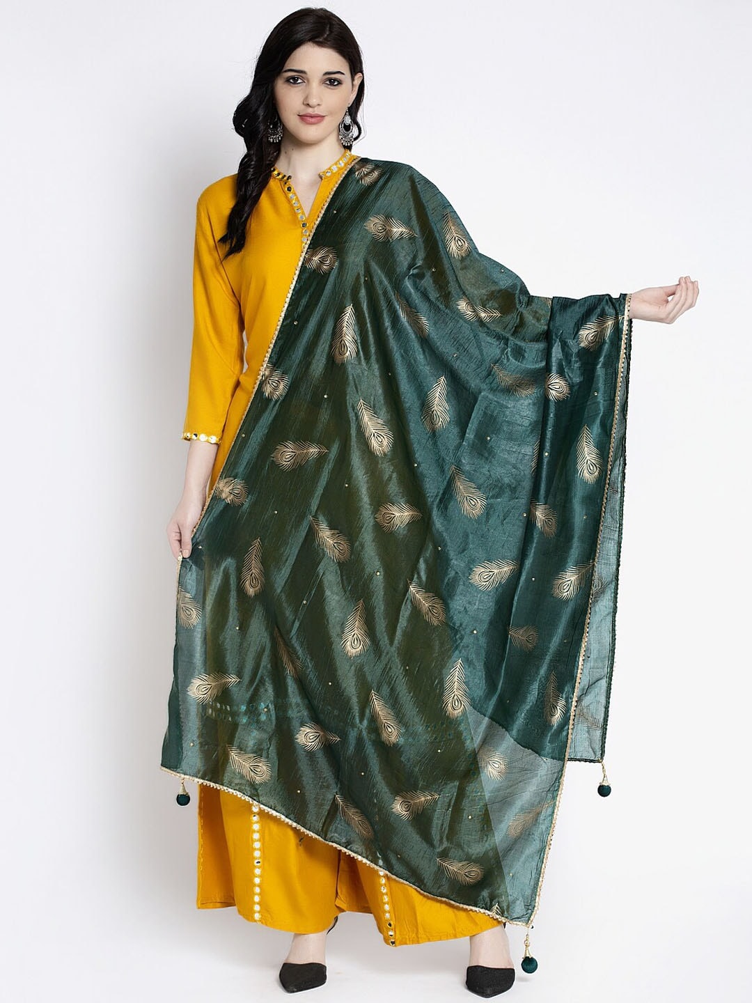 Clora Creation Women Green & Gold-Coloured Printed Dupatta Price in India
