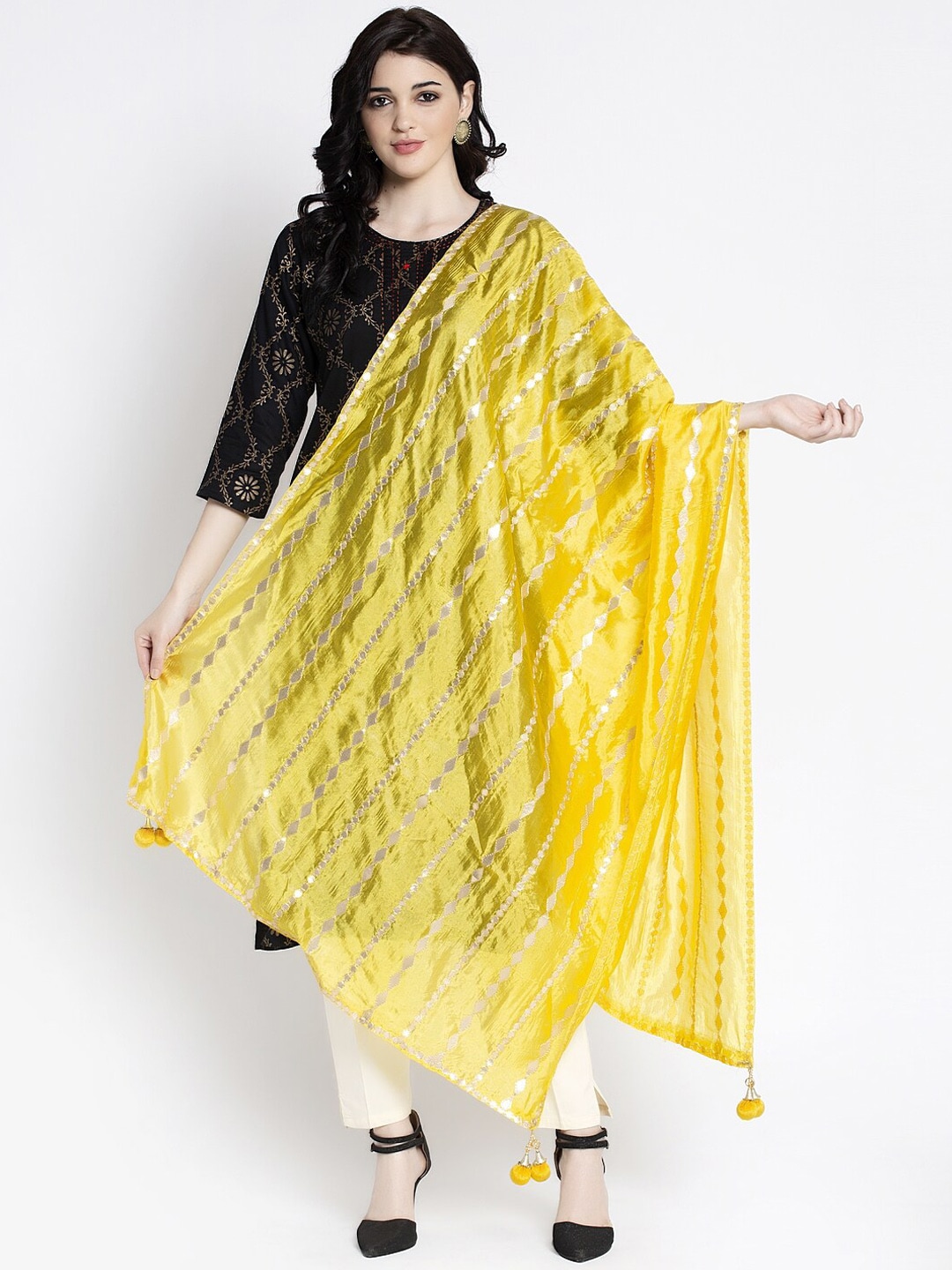 Clora Creation Women Yellow & Gold-Coloured Gotta Patti Embroidered Dupatta Price in India