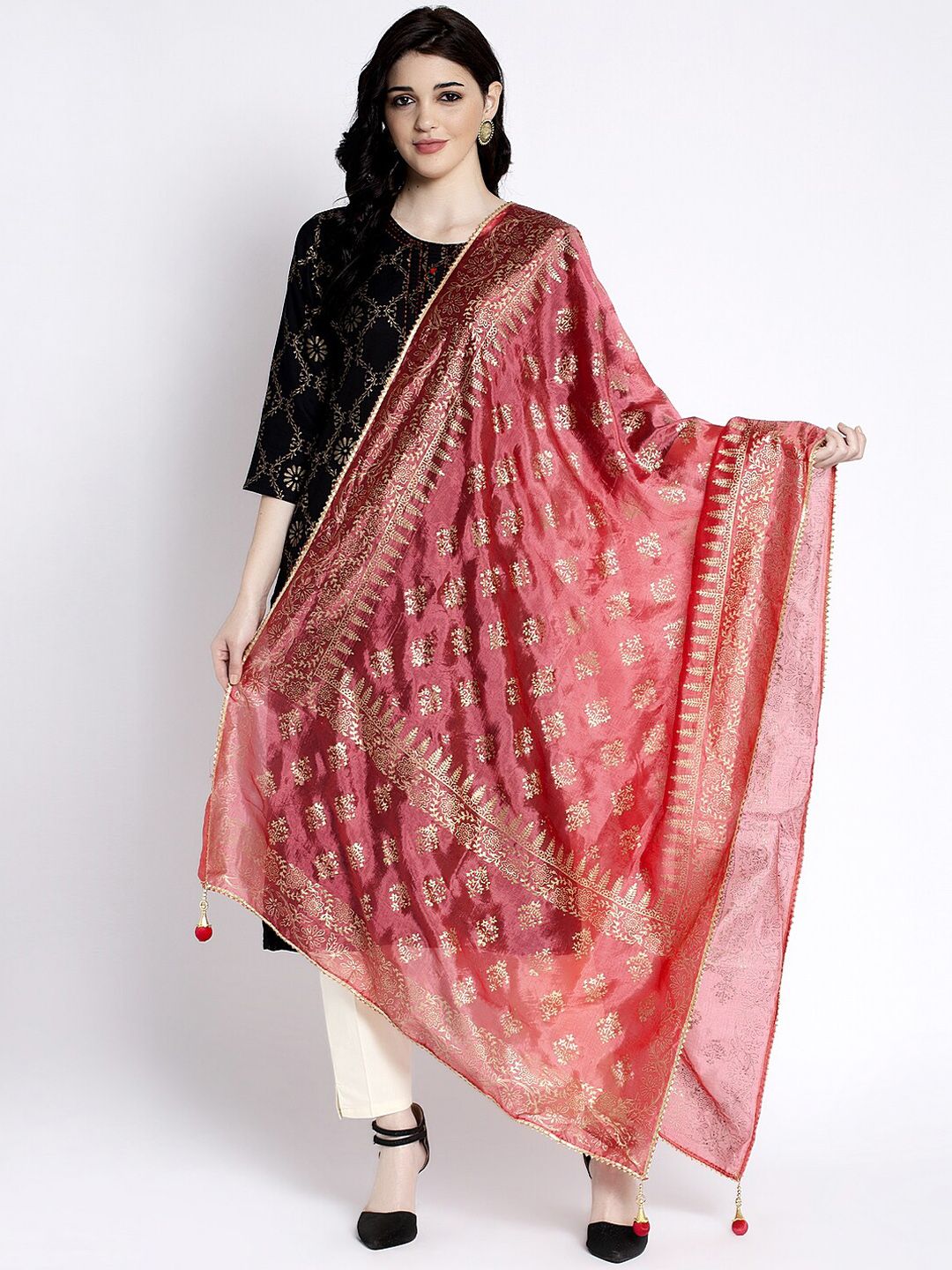 Clora Creation Red & Gold-Colored Printed Silk Dupatta Price in India