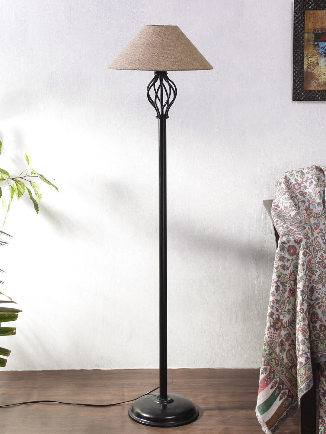 Devansh Beige & Black Solid Iron Club Lamp With Jute Shade Price in India