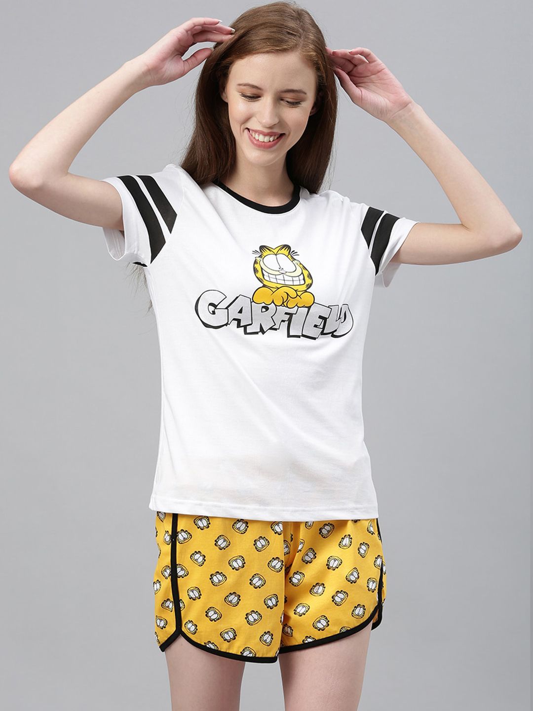 Snarky Gal Women White & Yellow Garfield Printed Night Suit Price in India