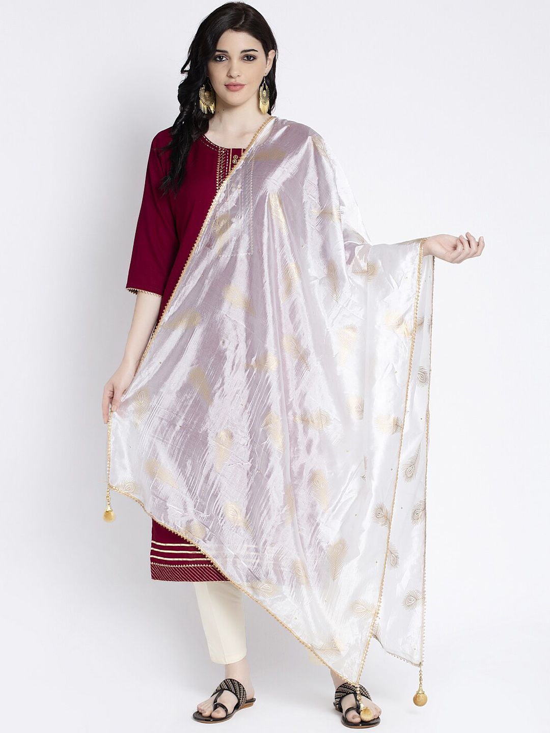 Clora Creation Women White & Gold-Coloured Printed Dupatta Price in India