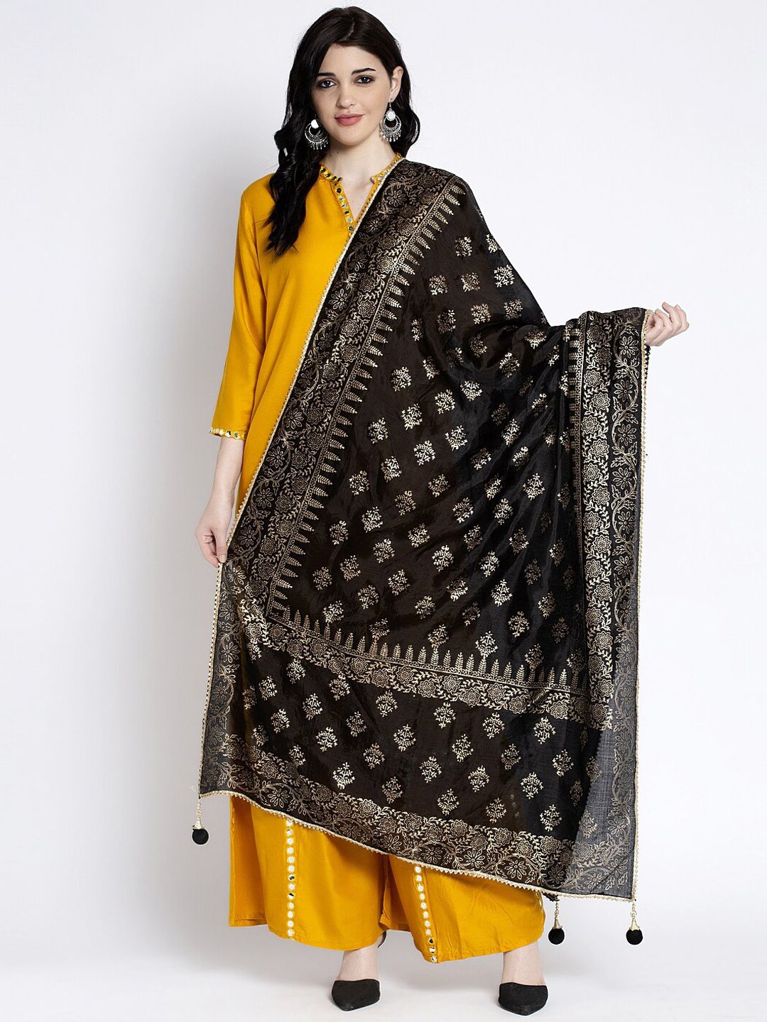 Clora Creation Women Black & Gold-Coloured Printed Dupatta Price in India