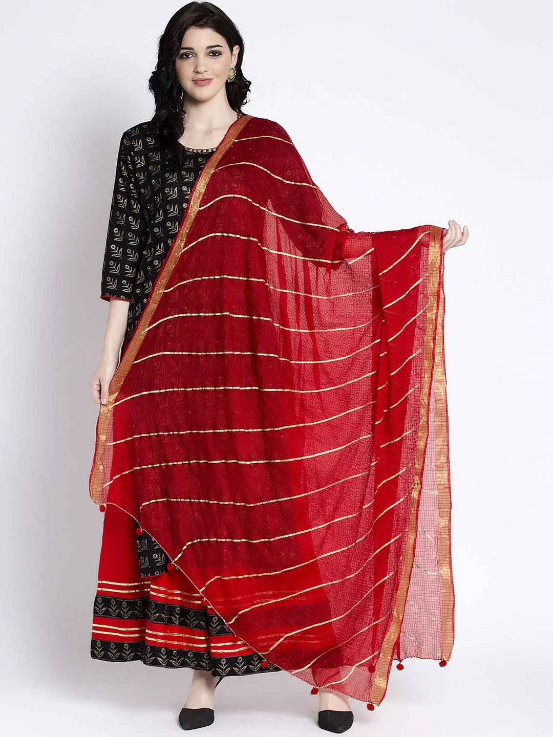 Clora Creation Women Red & Gold-Coloured Striped Dupatta Price in India