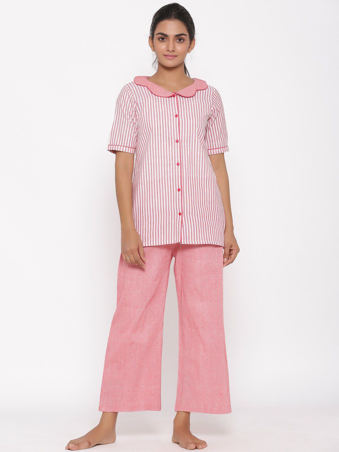 Fabriko Women Pink & White Striped Night Suit Price in India