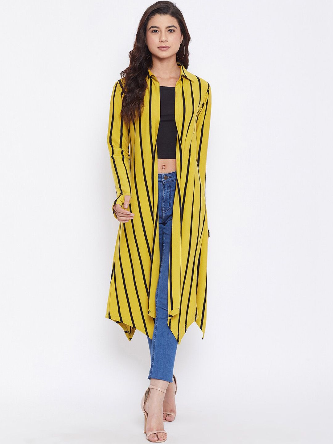 Hypernation Women Yellow & Black Striped Open-Front Shrug Price in India