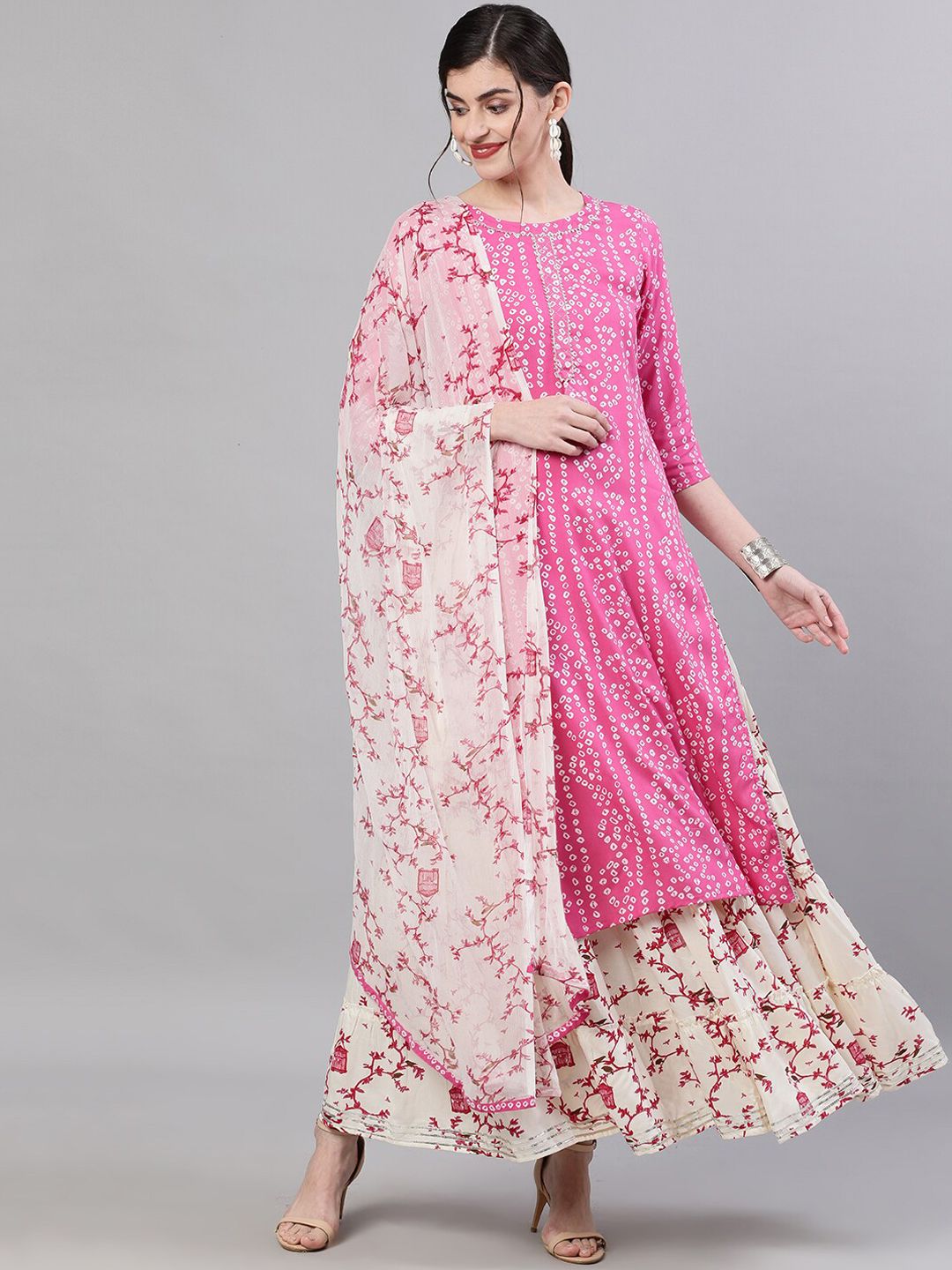 Ishin Women Pink & Cream-Coloured Printed Kurta with Skirt & Dupatta Price in India