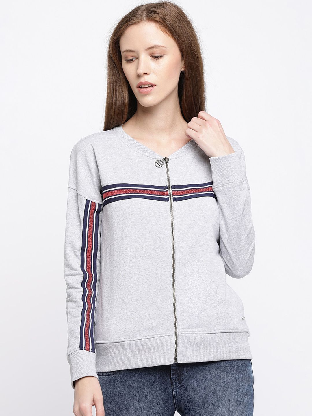 Pepe Jeans Women Grey Striped Sweatshirt Price in India