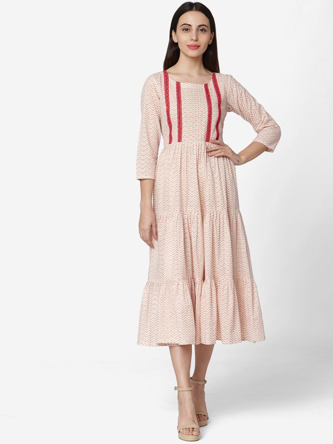 Saanjh Women Cream-Coloured Printed A-Line Dress Price in India