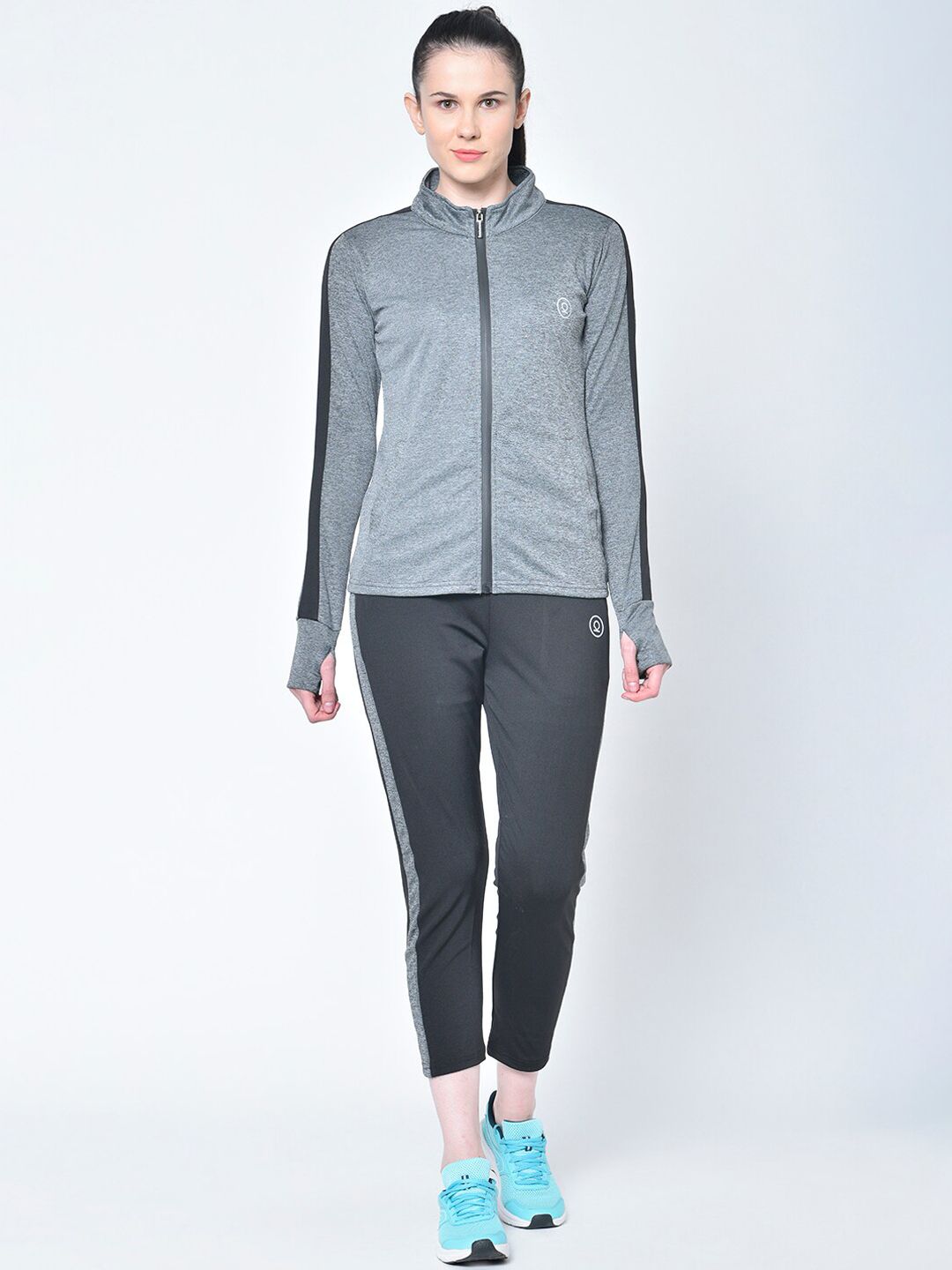 Chkokko Women Grey Melange & Black Solid Tracksuit Price in India