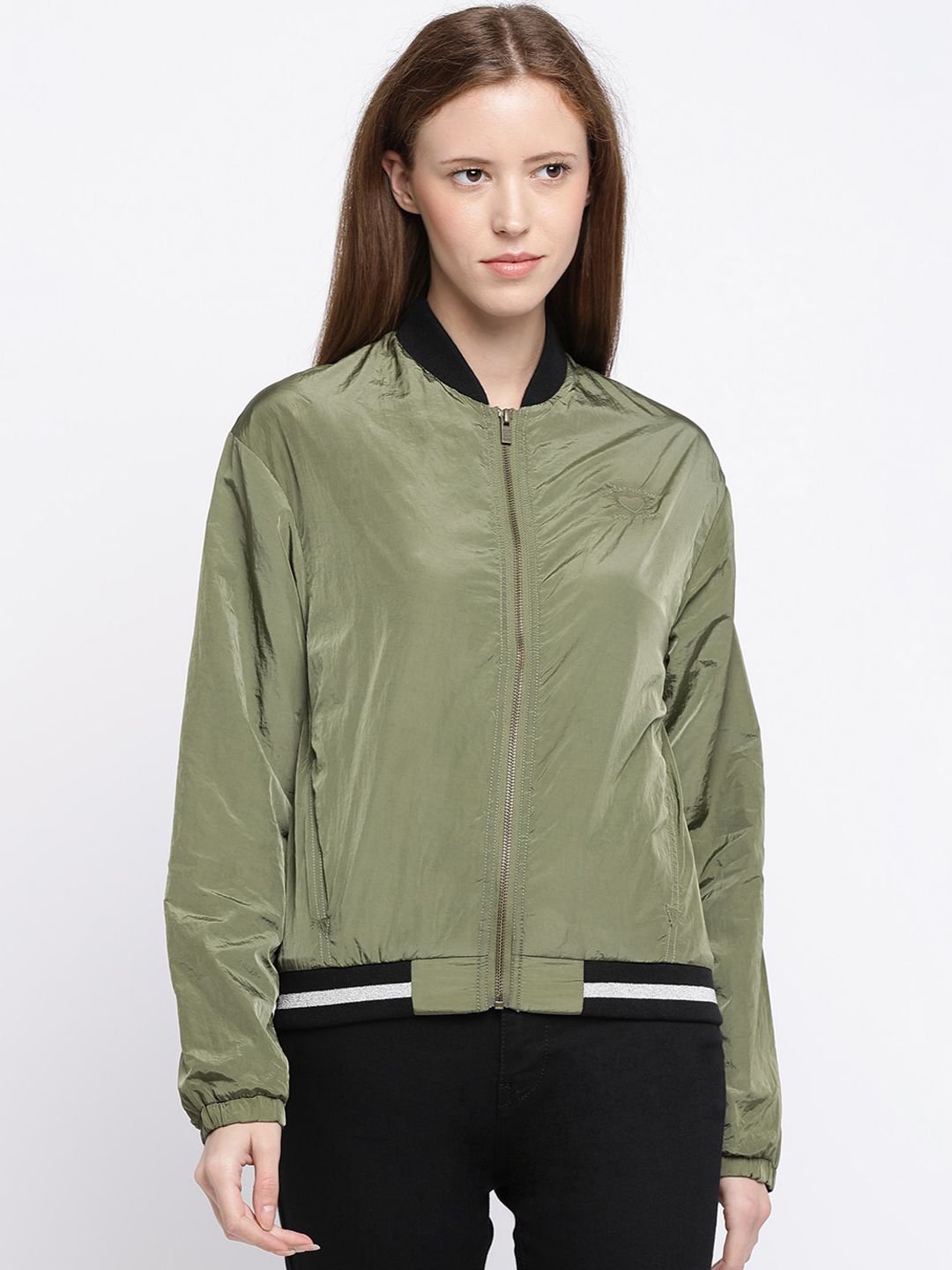 Pepe Jeans Women Olive Green Bomber Price in India