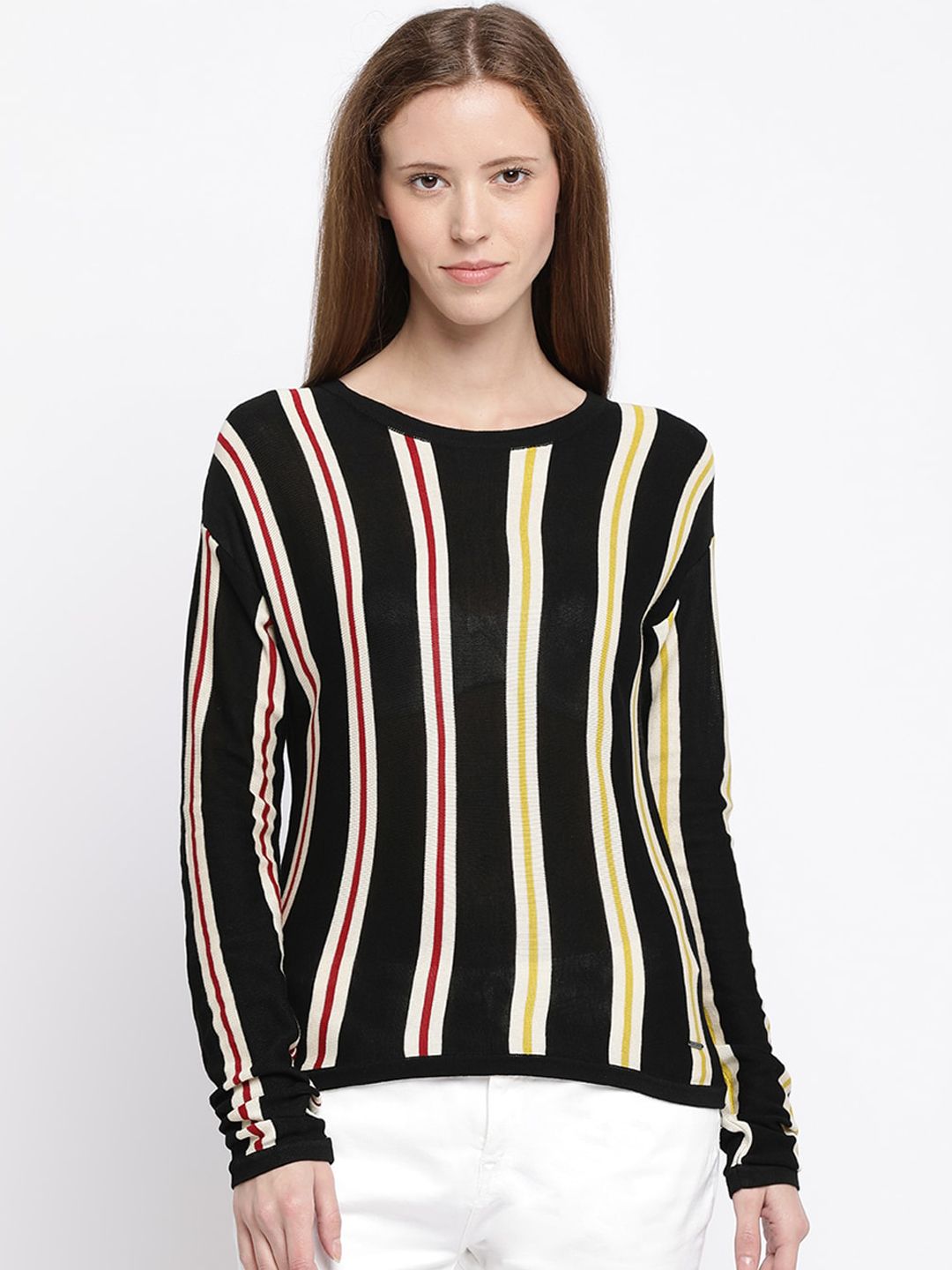 Pepe Jeans Women Black & White Striped Pullover Sweater Price in India